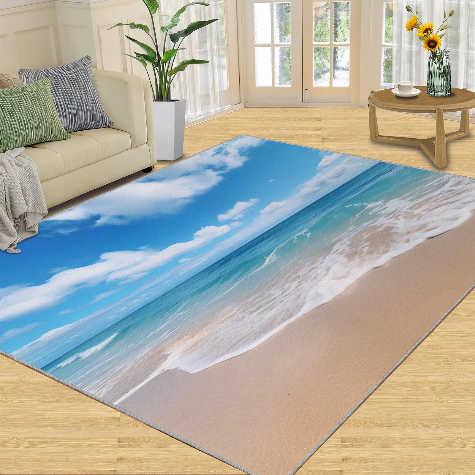Summer Beach Area Rug, Beach Sea View Living Room Rug, Low Pile Non Slip Home Decor Carpet for Bedroom Study Office Kitchen Dining Room Floor Mat - 3