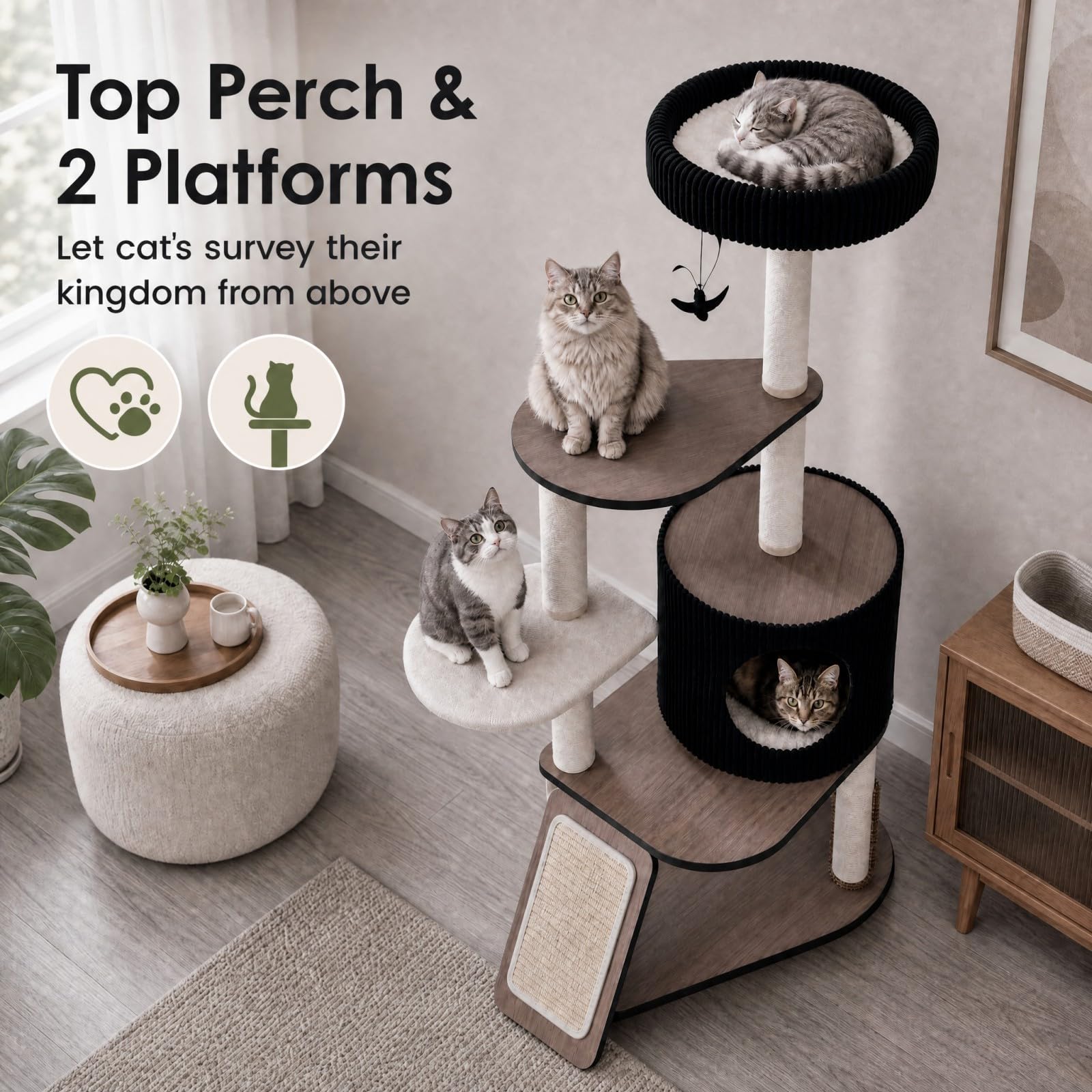 GOPLUS 155 cm Gran Torre de Gatos Multinivel con Postes Rascadores y Rampa | Árbol Rascador para Gatos con Casita, Percha Mullida, Plataformas y Juguete Colgante, Centro de Actividades para Gatitos