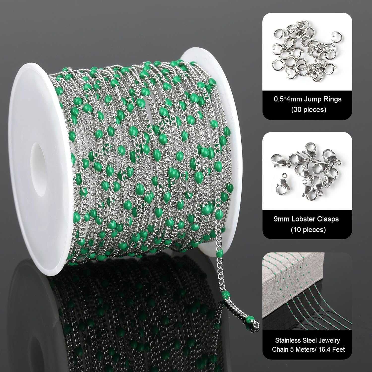 16.4 Feet Stainless Steel Chains for Jewelry Making Green Enamel Bead Chains Bulk with Jewelry Findings - Image 2