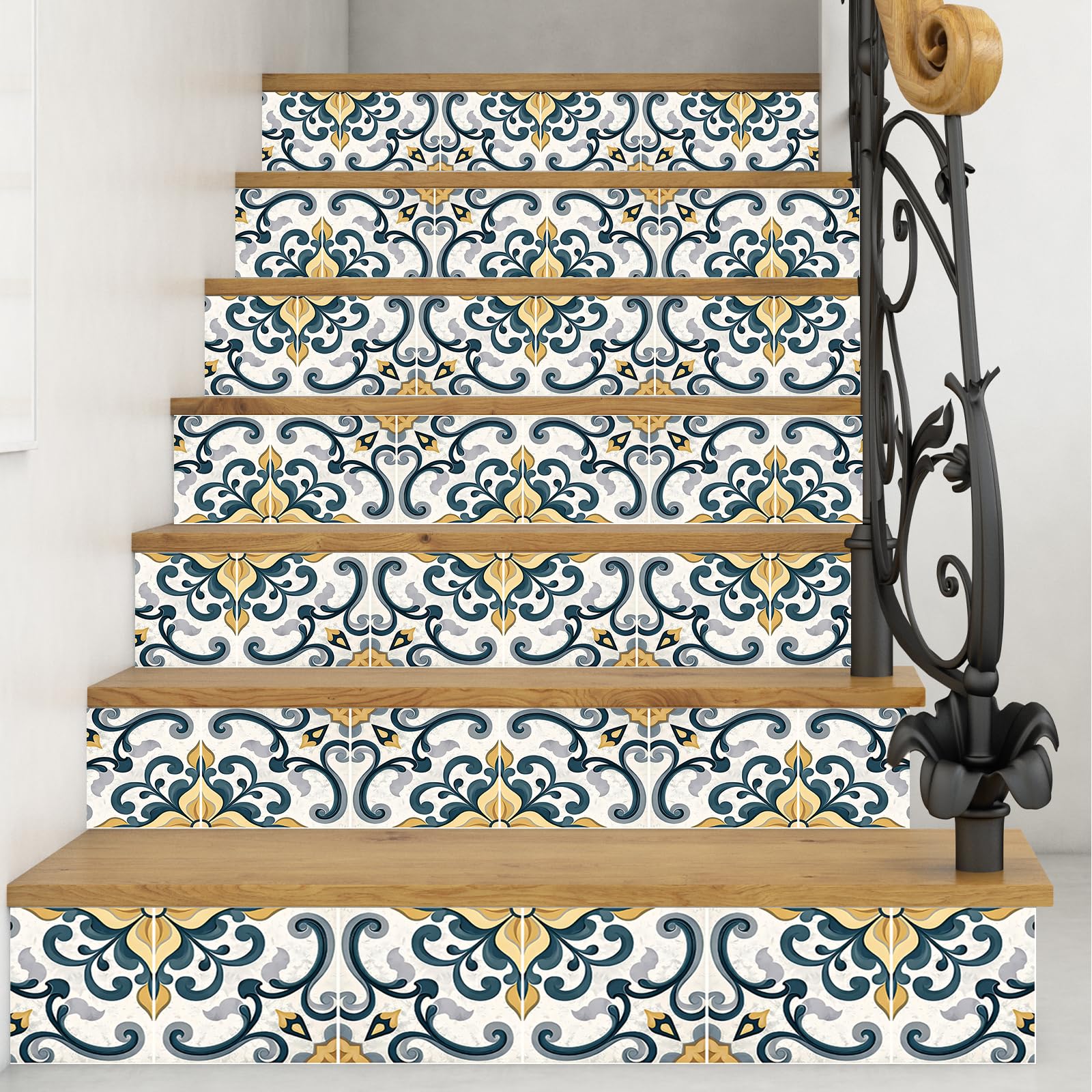 PLIGREAT 10 Sheets Stair Riser Decals, Retro Patterned Tiles Peel and Stick Staircase Stickers Self-Adhesive Creative Art Staircase Murals for Steps DIY Home Hotel Stair Makeover Decor, 18x100cm