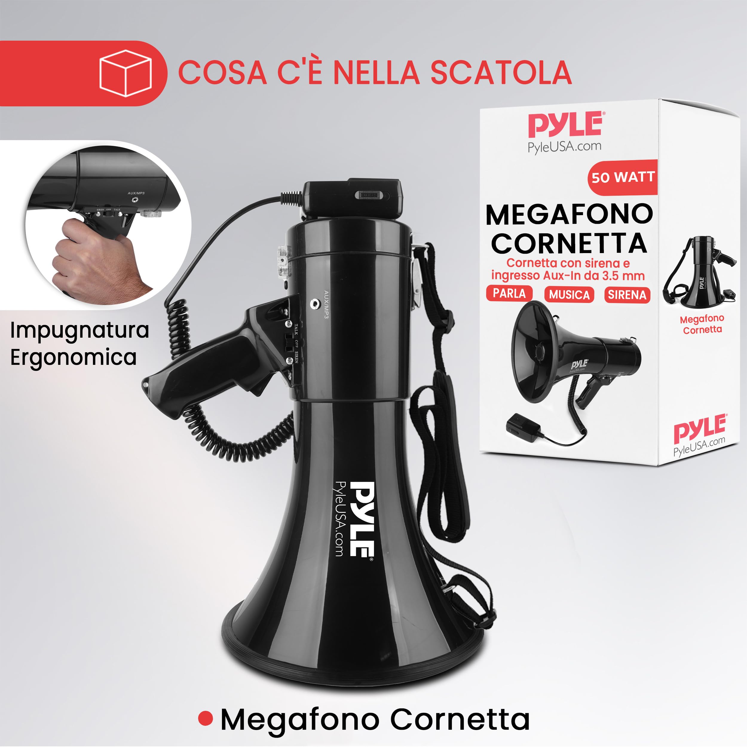 Pyle Megafono con Sirena Integrata 50 Watt e Megafono Portatile Volume Regolabile per Sport, Calcio, Basket, Baseball, Fans e Allenatori di Cheerleading e Sicurezza, Nero