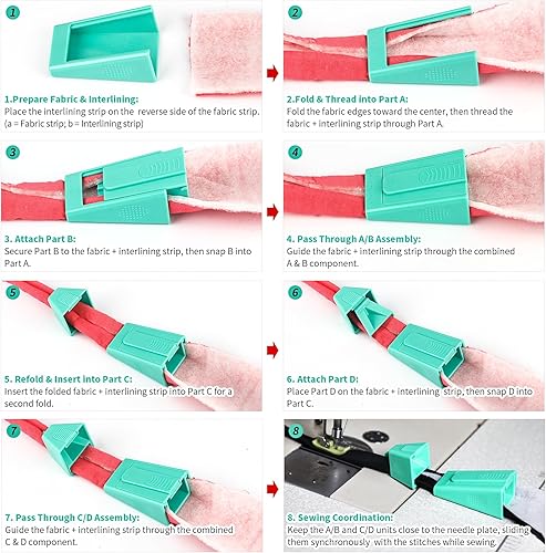 Miniatura 5 de TIGARI Máquina de cinta al bies, paquete de 2 tubos de tela para alfombras Jelly Rolls, herramienta con enhebrador de agujas y desgarrador de