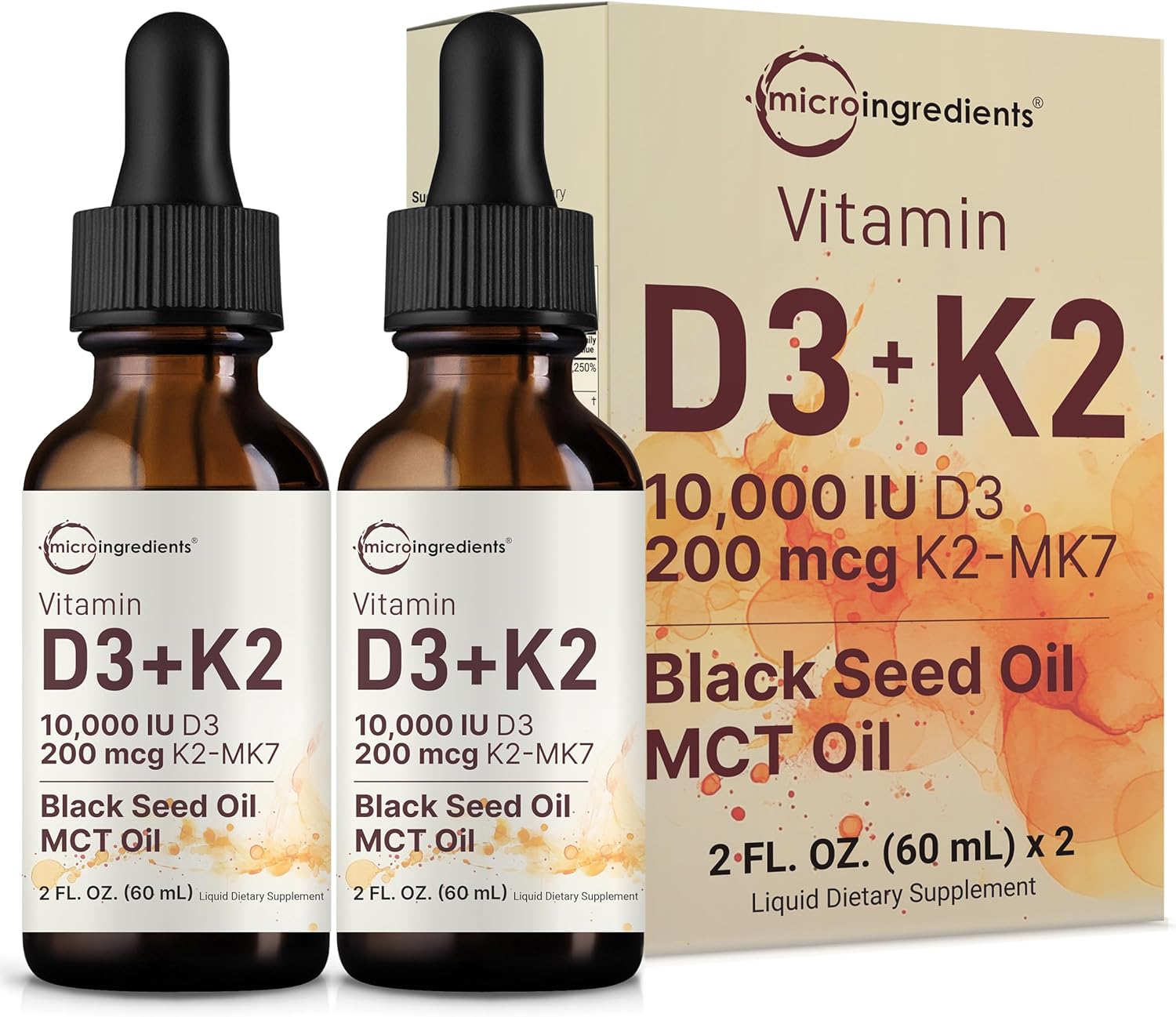 Micro Ingredients 2 Pack Vitamin D3 10000 iu + K2 (MK-7) 200 mcg Drops, 4 fl oz | Plus Black Seed & MCT Oil | 4-in-1 Bone, Immune, & Heart Health Support | Easy Absorption Micro Ingredients 2 Pack Vitamin D3 10000 iu + K2 (MK-7) 200 mcg Drops, 4 fl oz | Plus Black Seed & MCT Oil | 4-in-1 Bone, Immune, & Heart Health Support | Easy Absorption