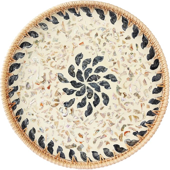 14" Large Rattan Serving Tray with Mother of Pearl, Round Coffee Table Tray Decor, Boho Decorative Hand-Woven Wicker Home Decor (Lucky Flower)