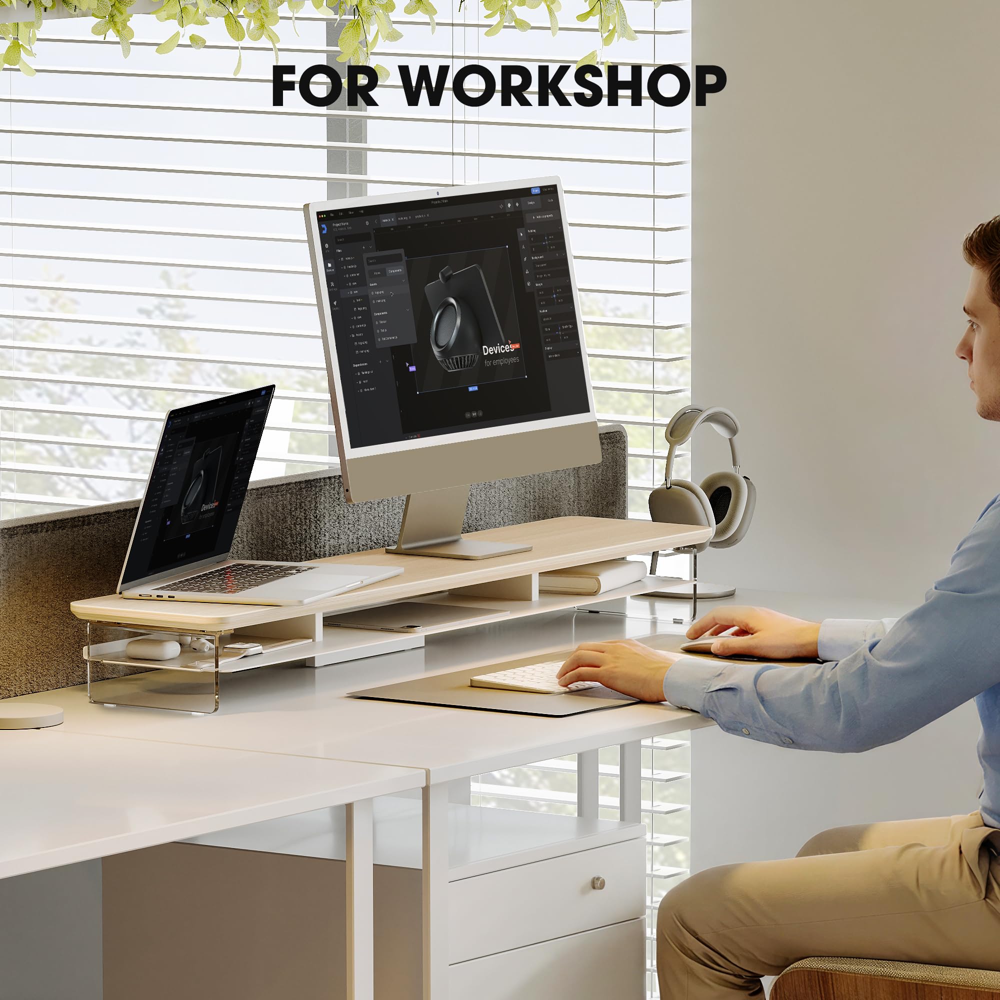 Fenge Support Écran PC Acrylique, Réhausseur Écran PC Bureau Bois et Métal, Adapté aux Ordinateurs, Écrans, TV, Ordinateurs, Imprimantes (Chêne, 108cm)