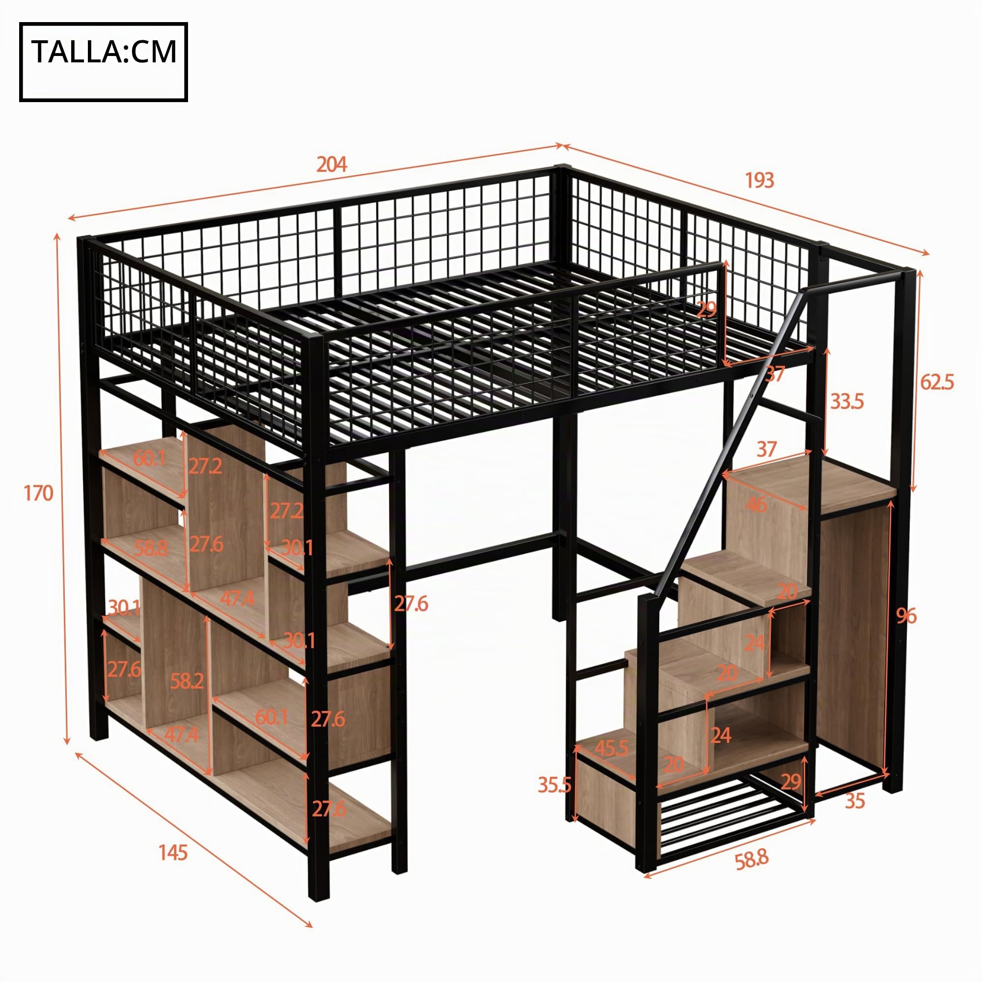 Dolamaní Cama alta para adultos y jóvenes, 140 x 200 cm, con escalera y espacio de almacenamiento, altura de 170 cm, cama de metal con estante de varios niveles (negro)