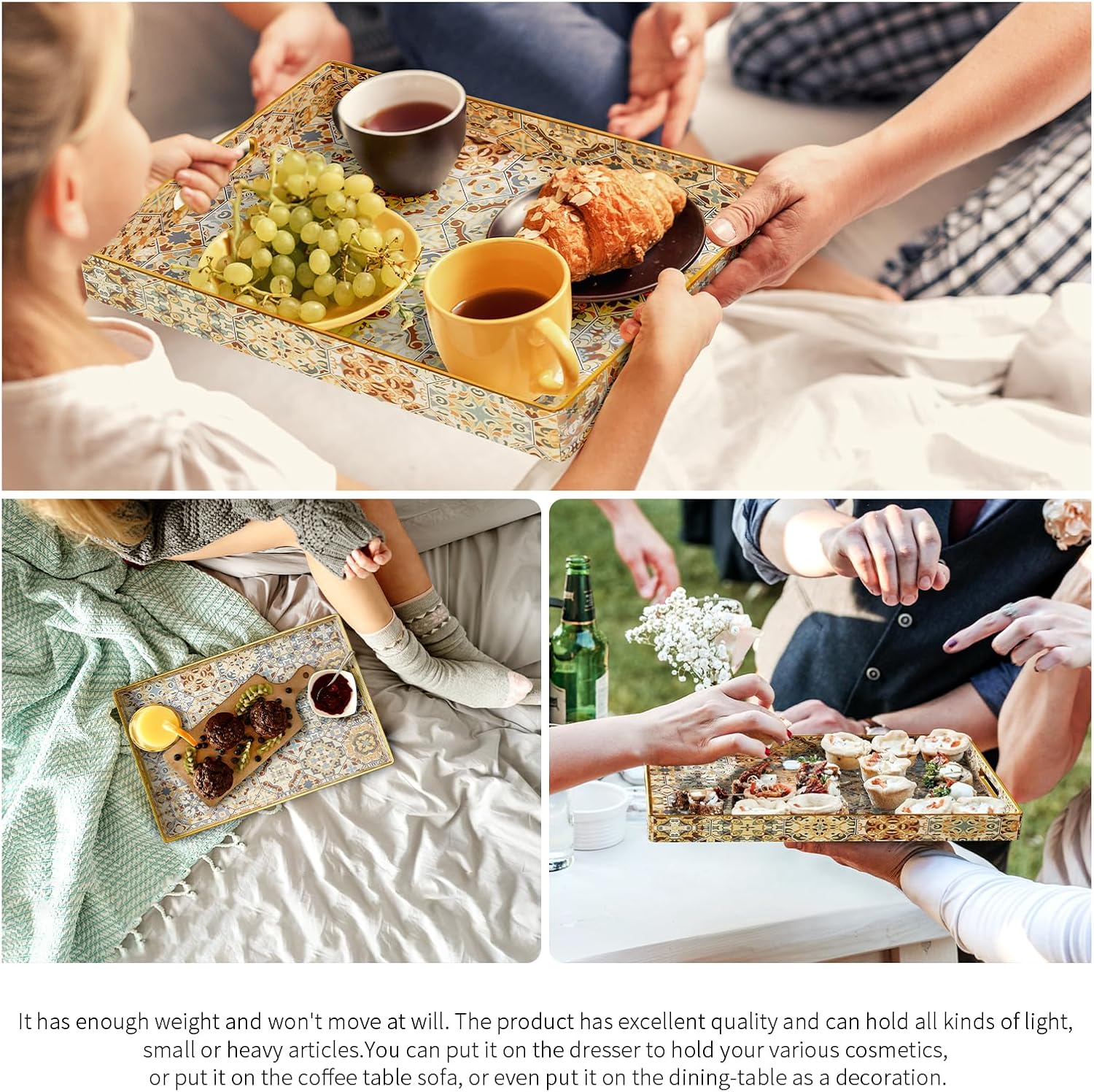 Large Decorative Serving Tray - Plastic Tray with Handles for Snacks, TV Dinners, and Party?Coffee Table Tray for Ottoman, Storage Trays Bathroom & Living Room Decor 15.74" x 11.81" x 1.57" Beige