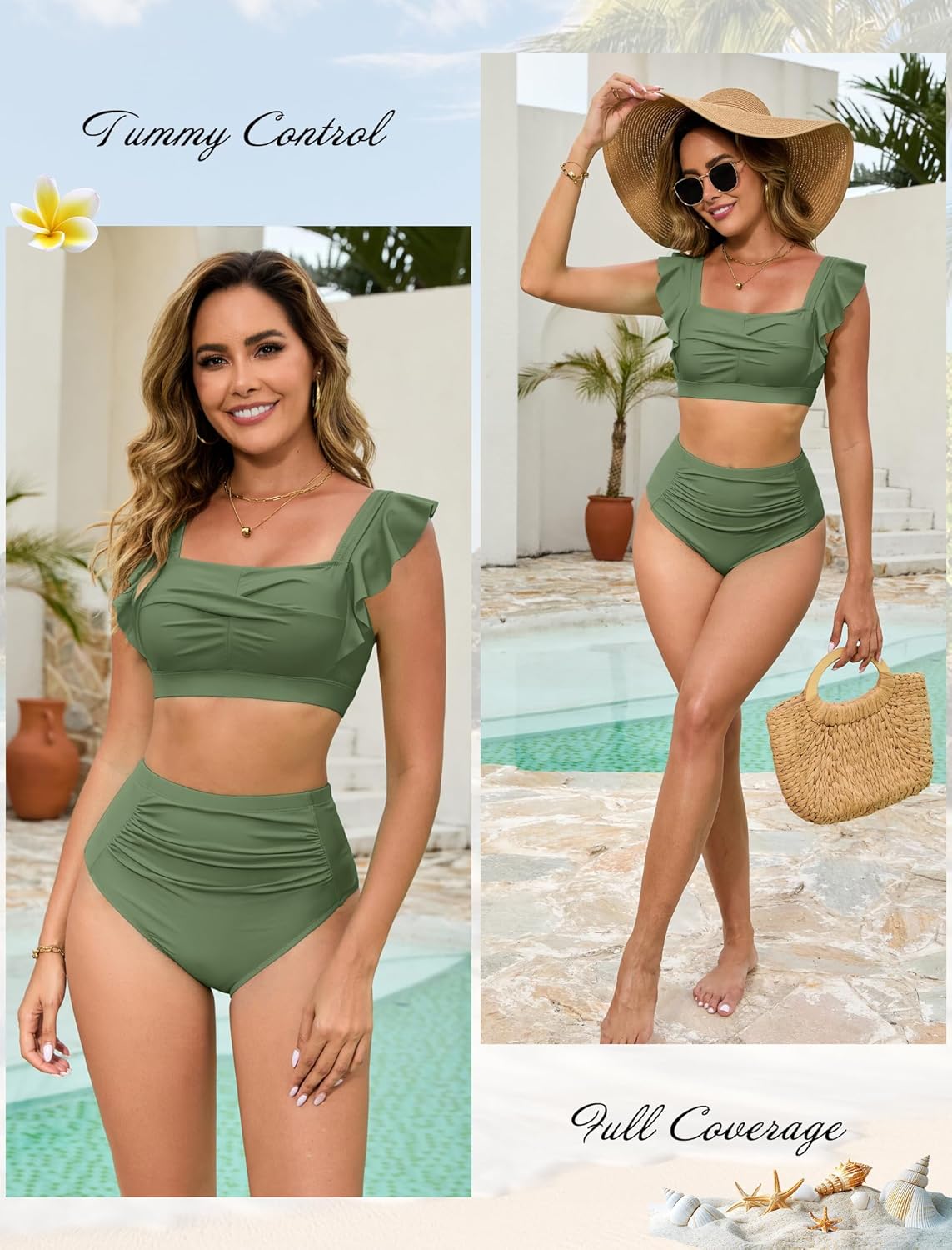 Arolina Womens High Waisted Bikini Sets Full Coverage Ruffle Swimsuits Two Piece Tummy Control Cheeky Bathing Suit - Image 4