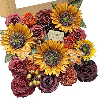Sunflower Artificial Flowers Burgundy Fake Flower Bulk for DIY Wedding Bouquet Bridal Shower Decorations Party Table Centerpieces Cake Decorating Silk Floral Arrangement for Home Decor Indoor