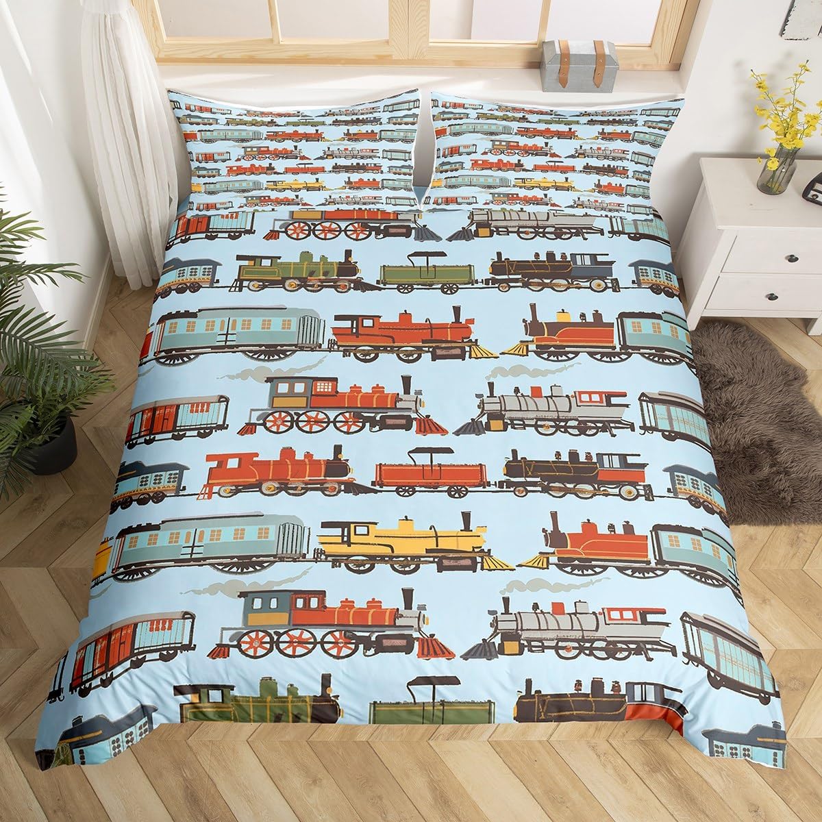 Train Duvet Cover Set King Size,Cartoon Choochoo Steam Engine Train Bedding Set,Boys Girls Room Decor,Railway Transportation Vehicle Comforter Cover,Blue boho Quilt Cover,2 Pillowcases(No Comforter)