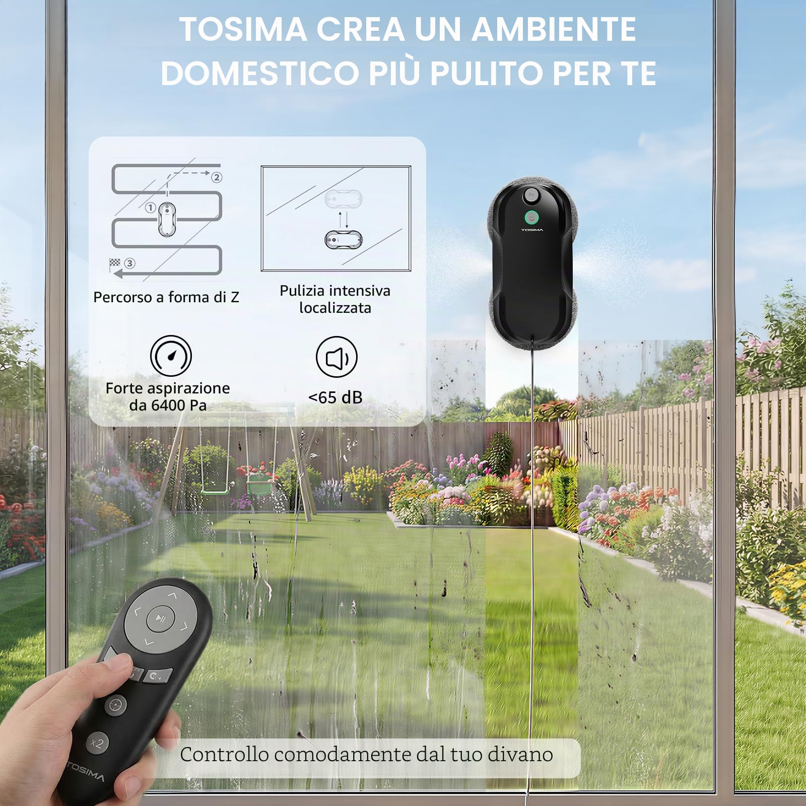 Tosima W5 Pro 6400 Pa Robot Lavavetri, Doppia Spruzzatura ad Ultrasuoni, Pulitore Automatico per Vetri, Telecomando, 20 Panni in Microfibra (Nero)