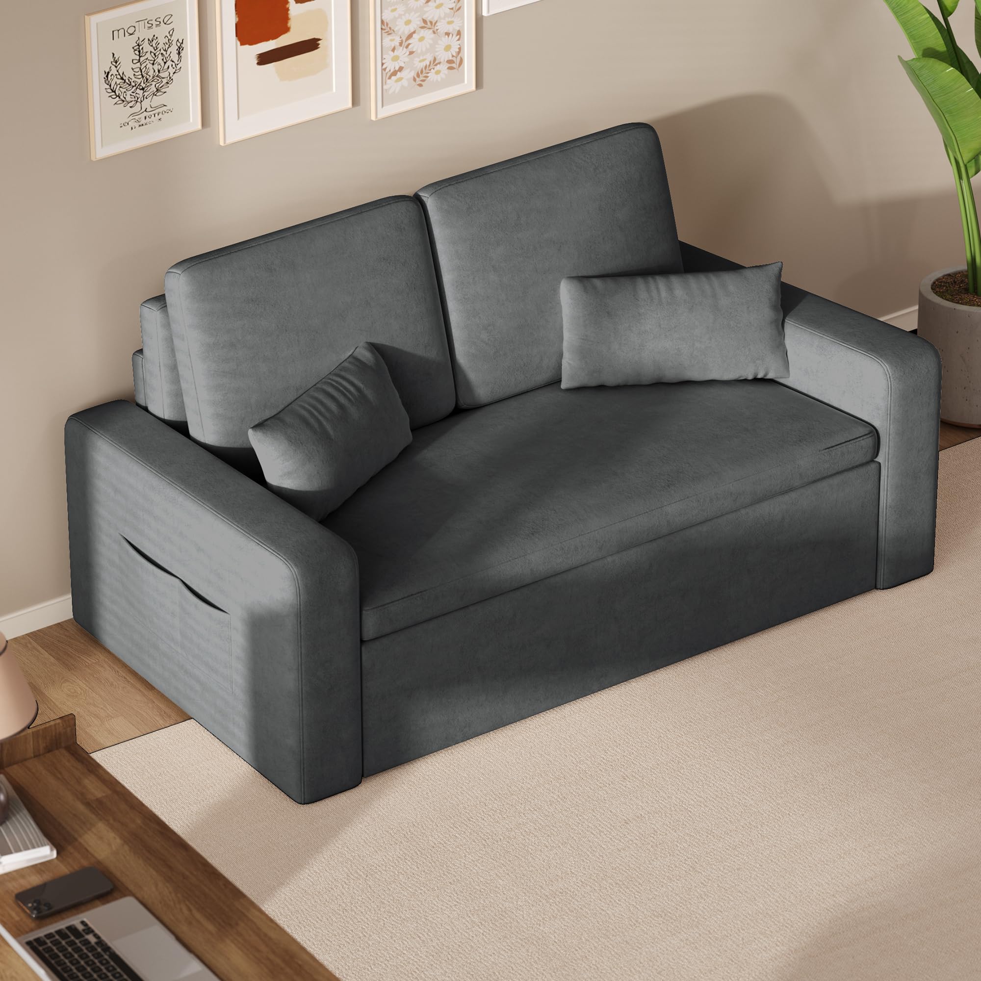 Xbro Divano Letto 2 Posti in Ciniglia, con Cuscini Spessi, 2 Guanciali e Tasche Laterali, Salvaspazio per Soggiorno, Camera da Letto o Ufficio, Moderno, 147x196x87 cm, Grigio Scuro