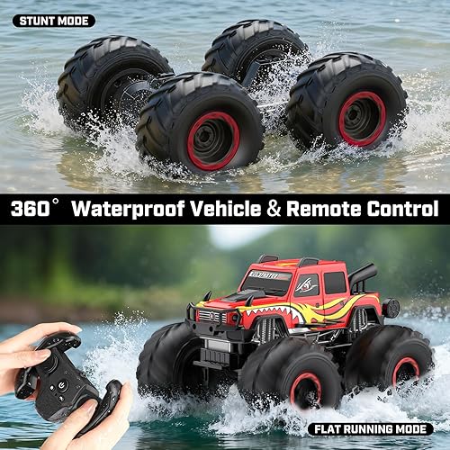 Vista 2 de WayEee Coche de juguete a control remoto para niños de 6 años en adelante, juguete de camión monstruo impermeable, camioneta anfibia 4 x 4, Rojo