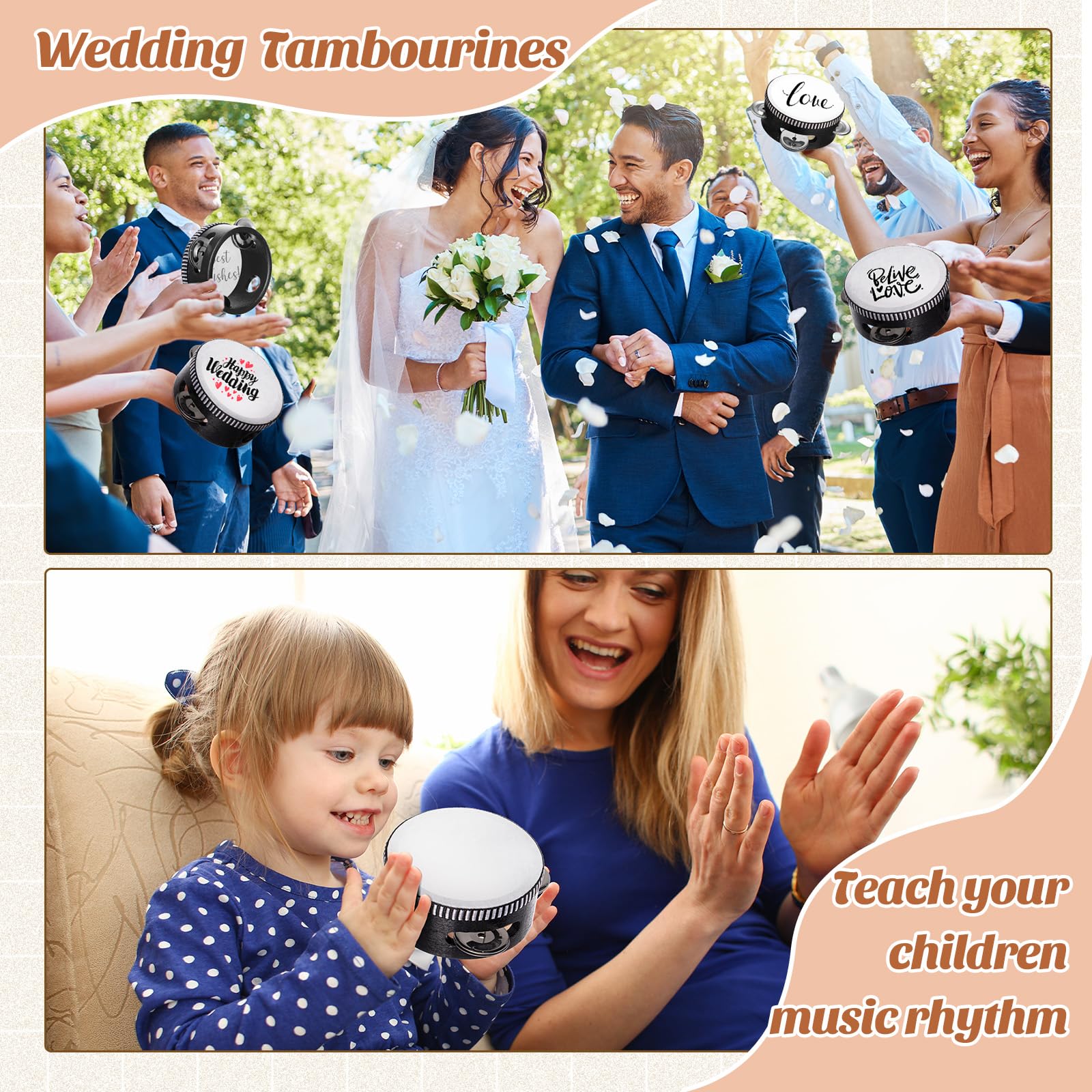 12 panderetas de boda de 4 pulgadas para adultos, regalo de percusión de mano, cascabeles de madera y metal, instrumento educativo musical para iglesia, boda, fiesta, juegos (negro)
