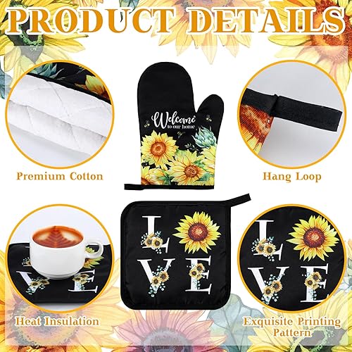 Miniatura 5 de Juego de 6 manoplas de horno de girasol y soportes para ollas, juego de toallas de cocina con girasoles de granja, paños absorbentes para ollas para