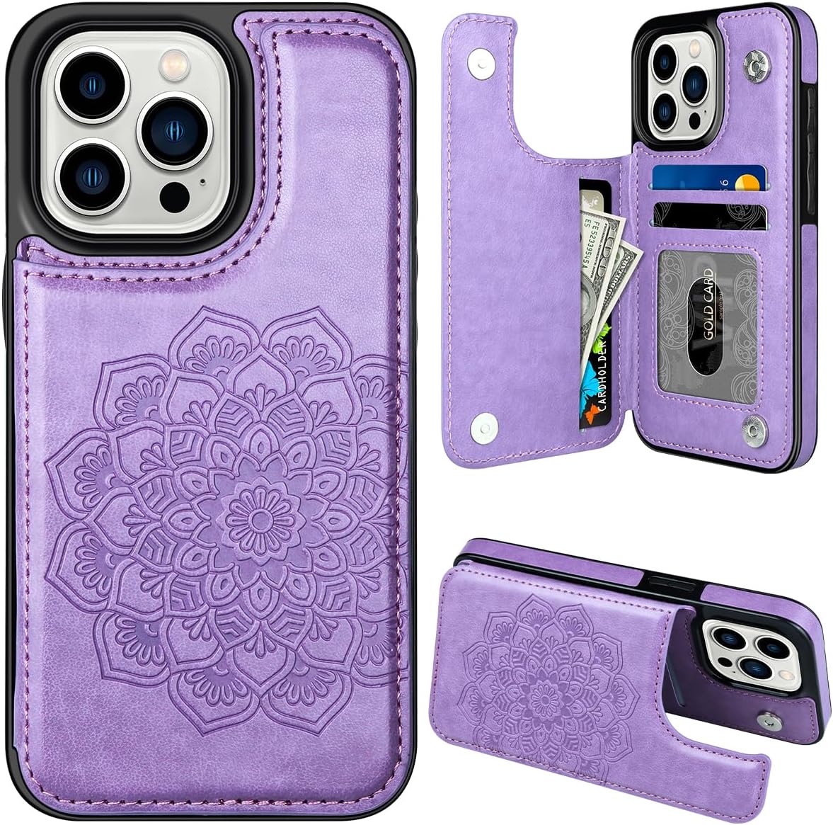 MMHUO for iPhone 15 Pro Case with Card Holder,Flower Magnetic Buttons Protective Wallet Case for Women for iPhone 15 Pro,Purple