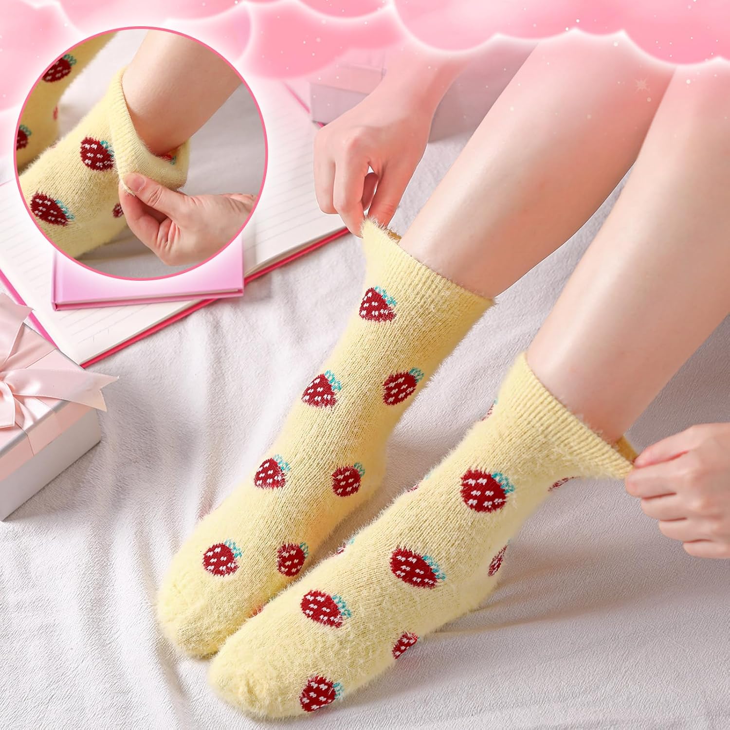 5 Pairs Womens Fuzzy Socks Cute Fruit Retro Brown Floral Soft Fuzzy Microfiber Winter Warm Sleeping Slipper Socks - Image 5