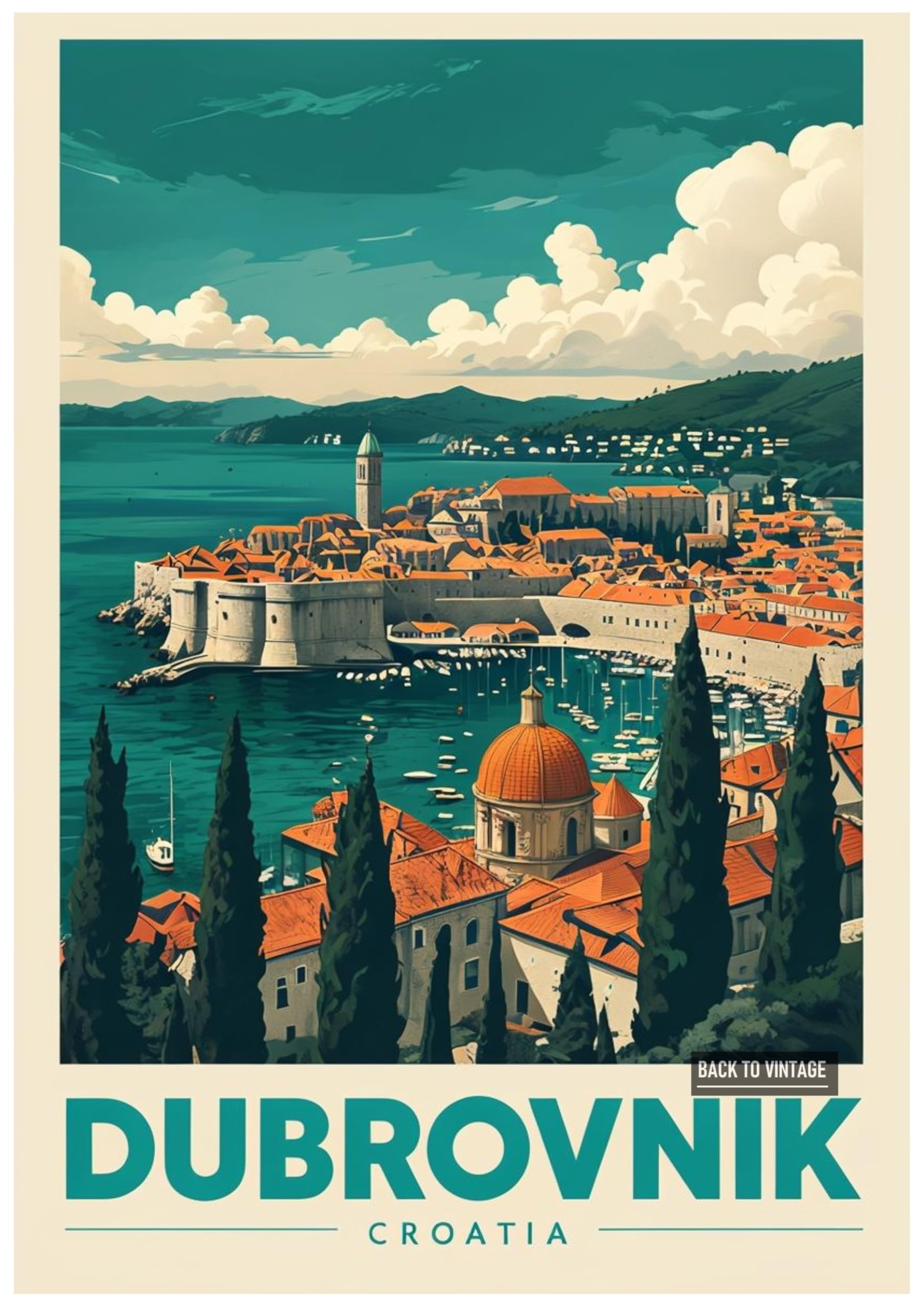 Back To Vintage Multicoloured Vintage Travel Poster Illustration Of Dubrovnik Coastal City - Retro Europe Travel Poster A4 Size Vintage Wall Art Print Of Famous European Destinations Ideal For Home Or Office Decor