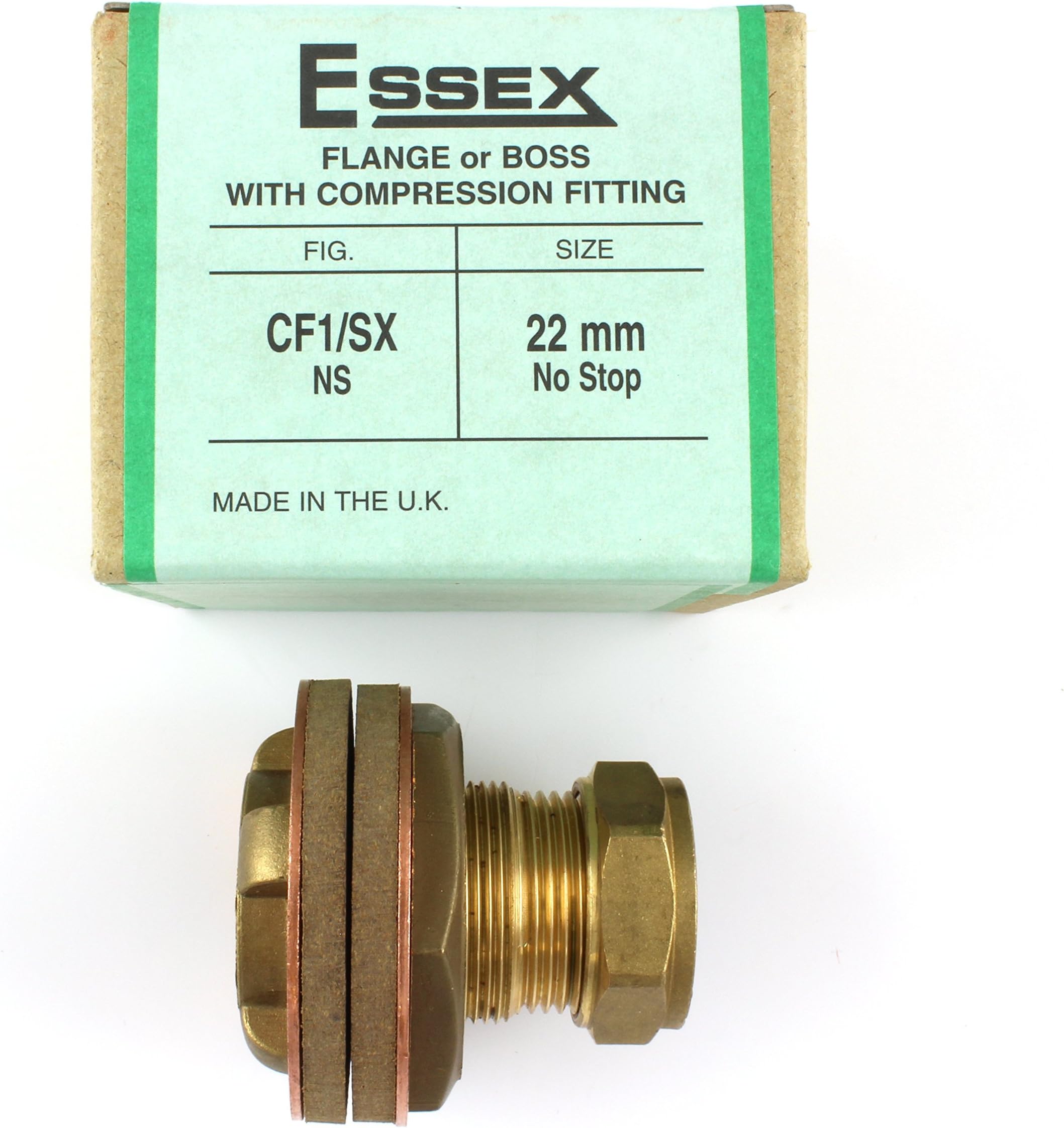 Essex 22mm CF1/SX ns brass Flange with compression fitting for flat, curved & domed surface WITHOUT stop end - suitable for use with shower pump.