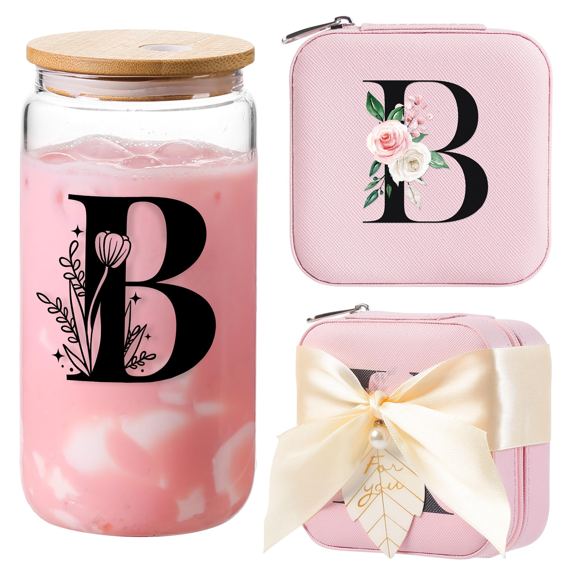 AYGXU graduation gift s for her,gifts for women,travel jewelry case organizer,small jewelry travel case,Cute Tumbler Cup,16oz bamboo lids for glass cups,Initial B pink