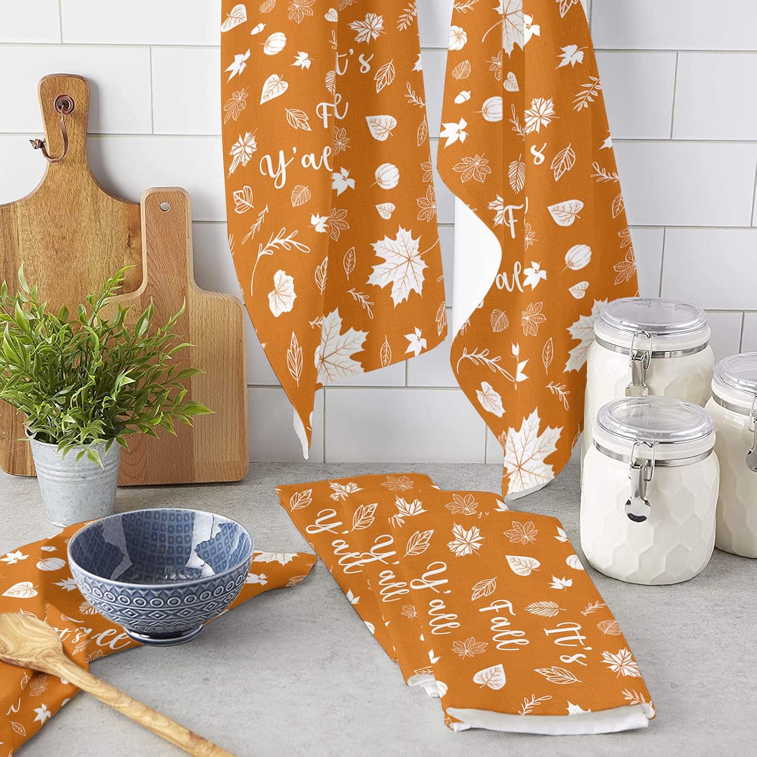 Fall Thanksgiving Kitchen Towels 2 Pack, Maple Leaf Dish Towels for Kitchen, It's Fall Y'all Absorbent Microfiber Hand Towels for Bathroom, Autumn Orange Soft Tea Towels Bar Towels, 18 x 28 Inch