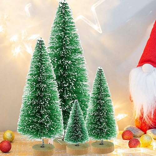 Miniatura 6 de Yookat 40 mini pinos con base de madera, verde, 4 tamaños, perfectos para manualidades, decoración de Navidad, adornos de invierno