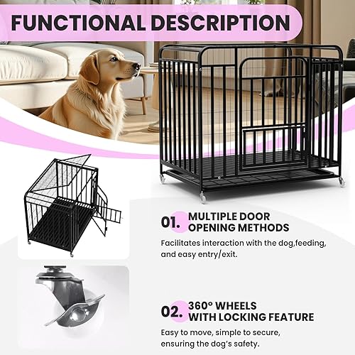 Miniatura 8 de Escape-Proof Dog Crate 42 Inch - Industrial Steel Frame Dog Kennel with 3 Doors & 4 Lockable Wheels, Durable Easy-Clean Dog Crate for Large Dogs in