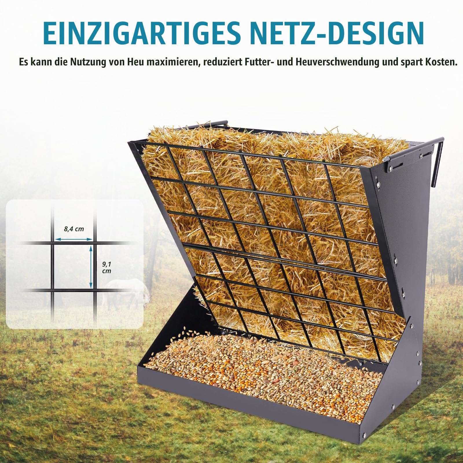 Heuraufe für Schafe und Ziegen 2 In 1 Hay & Grain Feeder Futterraufe Schafe | Großes Hängende mit Futterspargitter und Verstellbaren Haken für Verschiedene Ställe und Korral (Schwarz)
