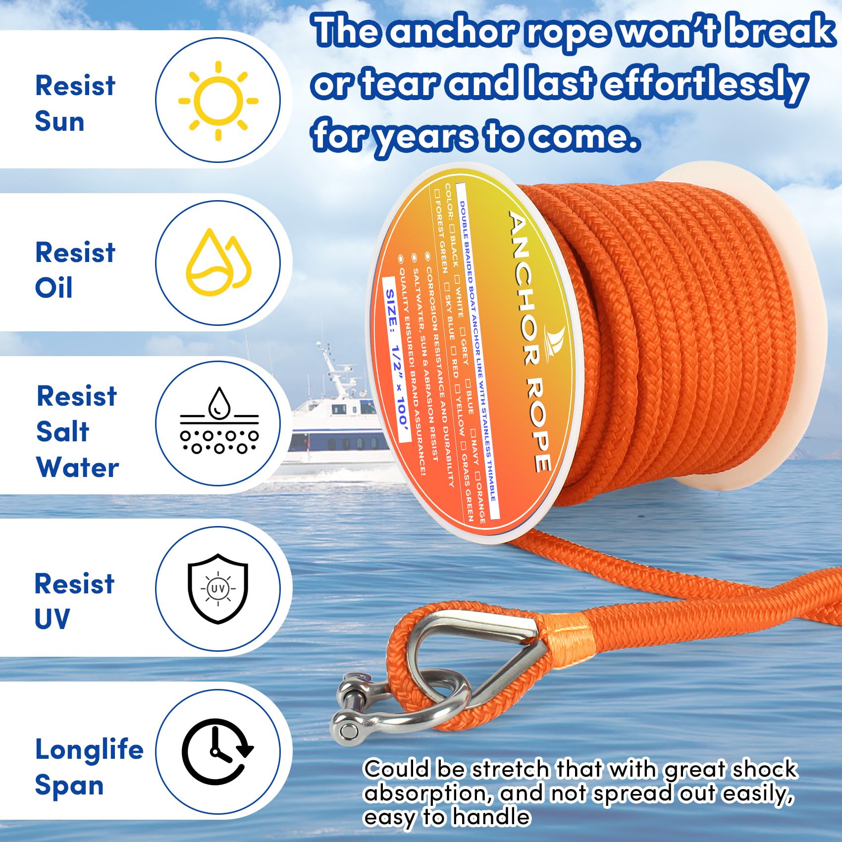 Bootsankerseil, 30,5 m x 1,27 cm, Orange, doppelt geflochtene Ankerleine mit Edelstahl-Fingerhut und Bügel, Marineseil, ideal zum Abschleppen, Festmachen, Decks, Verankern, für Boote bis zu 90