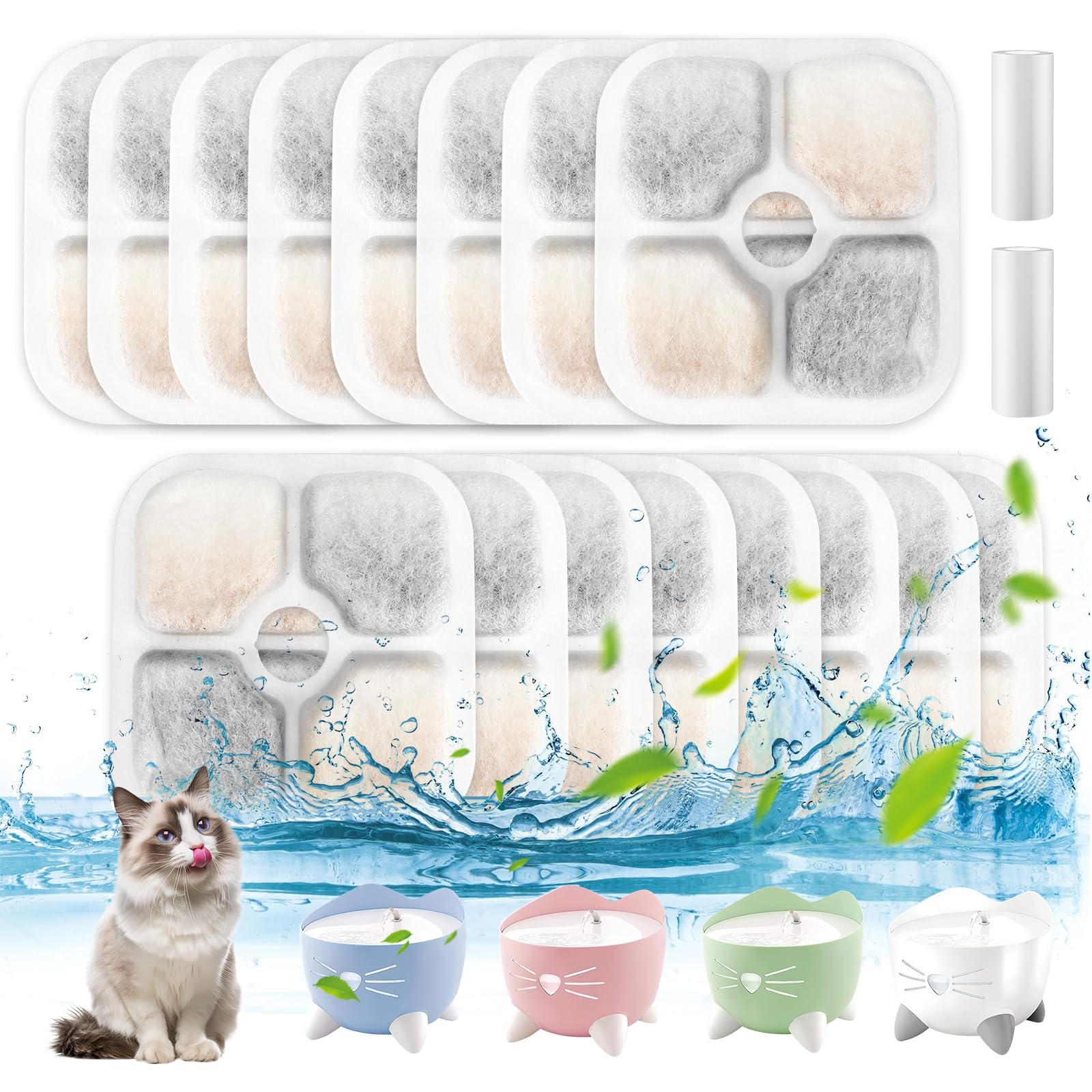 16 Katzenbrunnen Filter, mit 2 Schläuche für Filter Trinkbrunnen, Harz Aktivierte Kohlenstoff DREI Layer Filtrationssystem, für Trinkbrunnen, für Filter Katzenbrunnen Katze