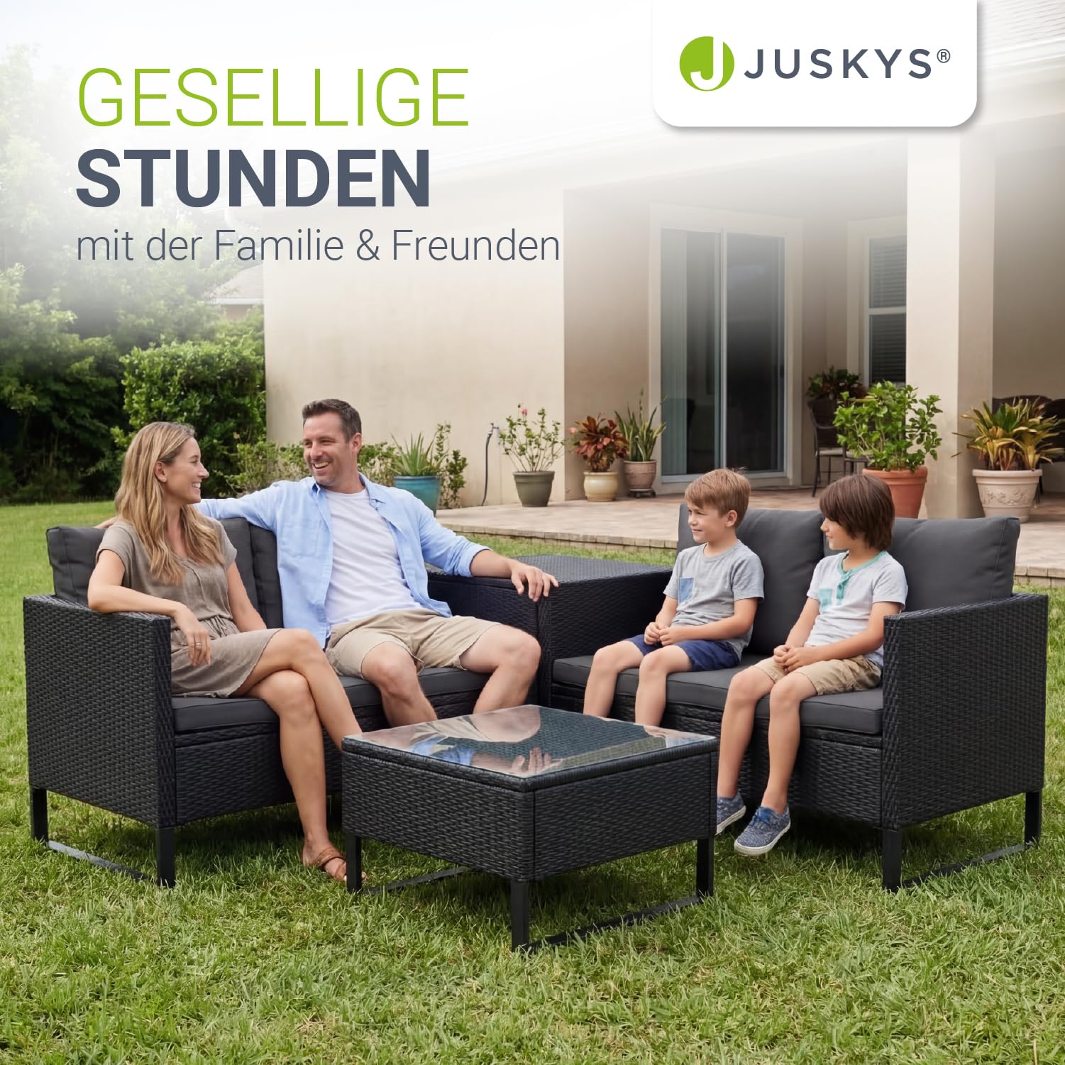 Juskys Polyrattan Lounge für 4 Personen – Outdoor Gartenmöbel Set Santorini mit Beistelltisch & Auflagenbox, wetterfeste Lounge Möbel als Balkonmöbel Sitzecke – Schwarz