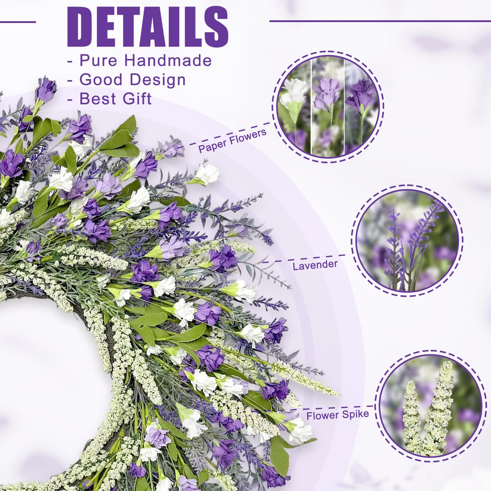 Artgar Couronne de printemps de 66 cm pour porte d'entrée, couronnes de fleurs en papier lavande pour maison, ferme, fenêtres, murs, porche, mariage, décoration intérieure et extérieure pour toutes