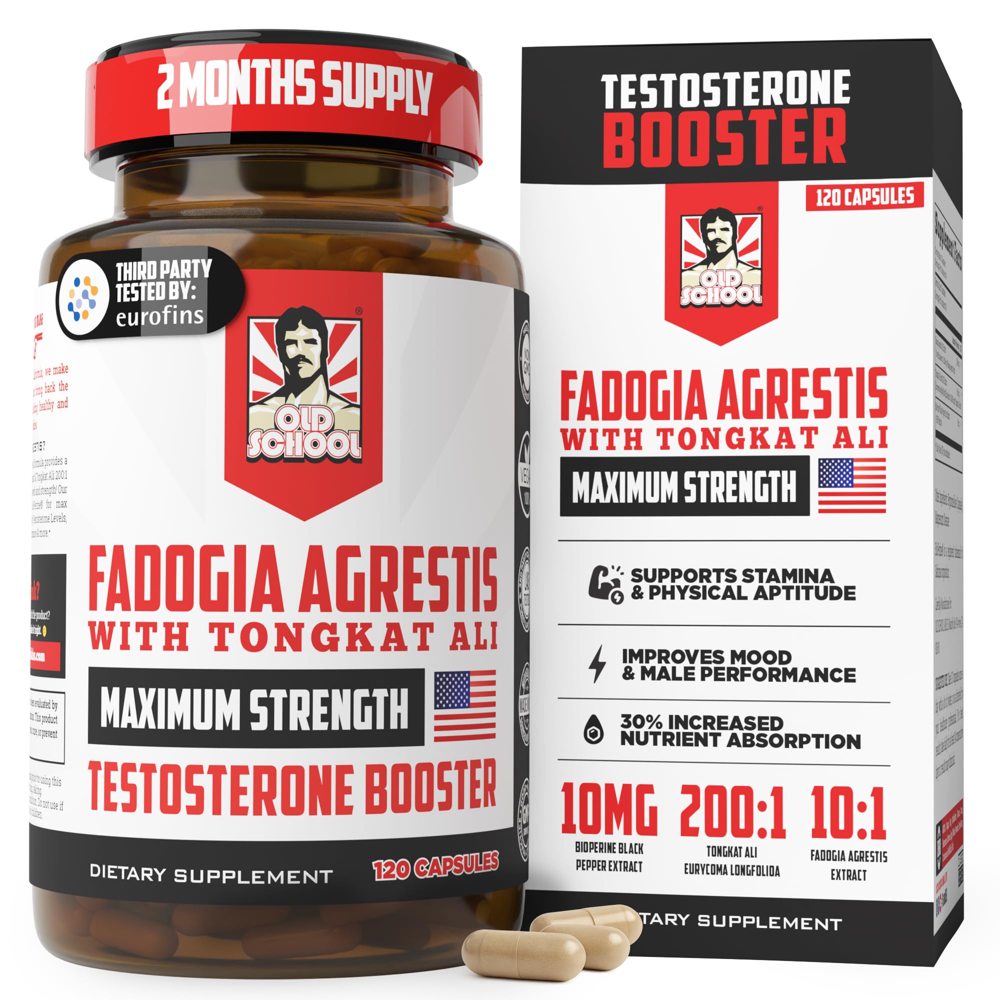 Old School Labs Testosterone Supplement for Men – Fadogia Agrestis 1500mg Max Potency + Tongkat Ali & BioPerine® – Muscle Growth, Recovery, Drive & Stamina – 120 Caps, 40 Servings