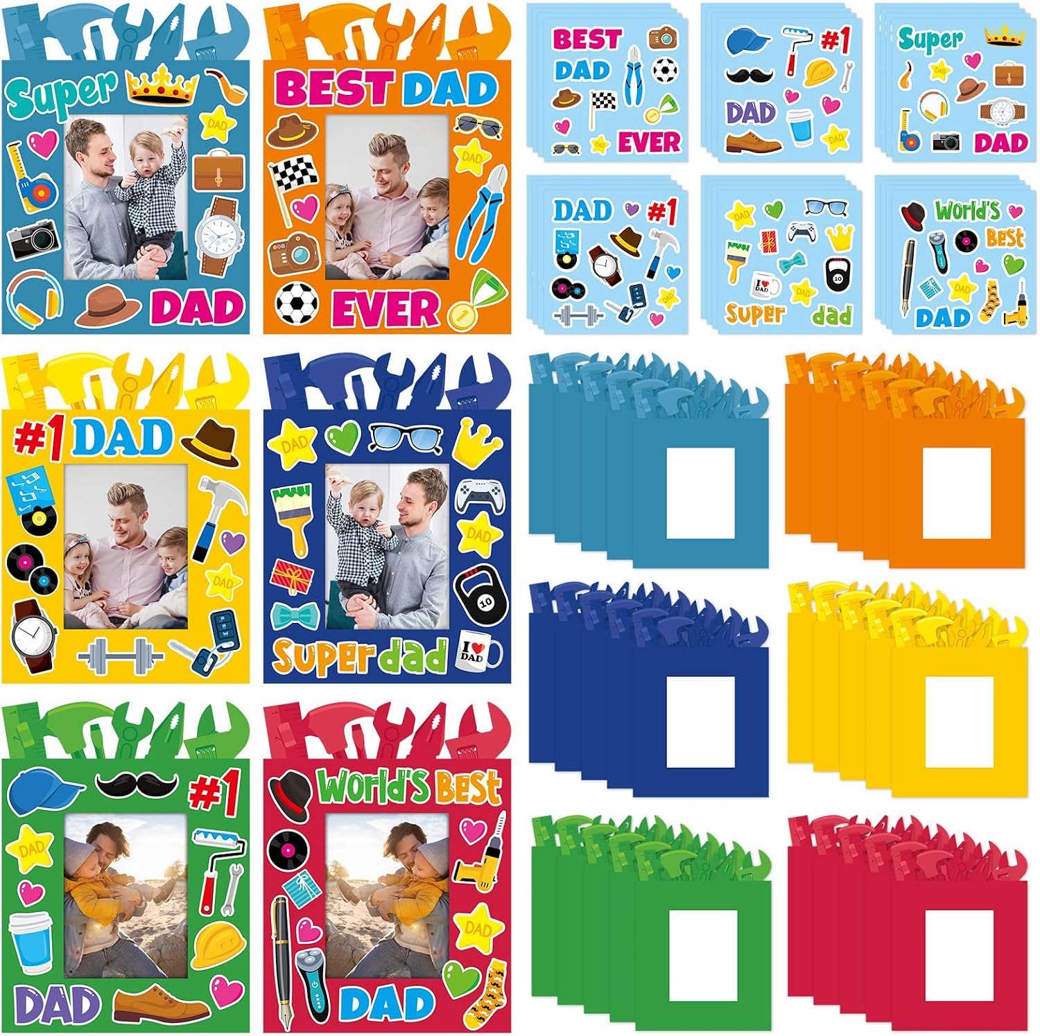24 Packs Fathers Day Craft Kits Father's Picture Frame Tool Shape with Sticker DIY Handmade Art Crafts Make Your Own Dad Gift for Home Art Activities Party Favor Supplies Classroom Game Activities