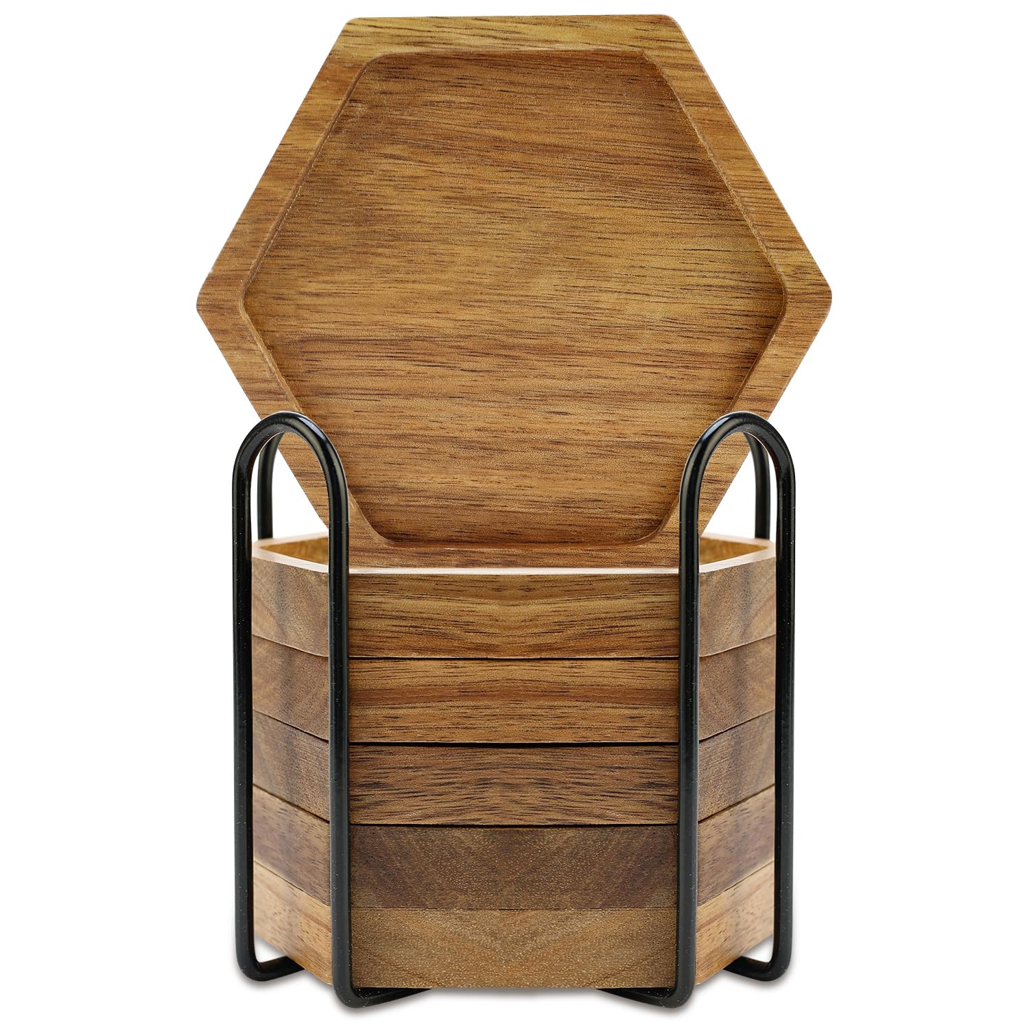 Unique Acacia Wood Coasters with Holder Wooden Coaster Set of 6 Drink Coffee Table Decoration Cute Kitchen Decor Gift Bar Accessories Large Rustic