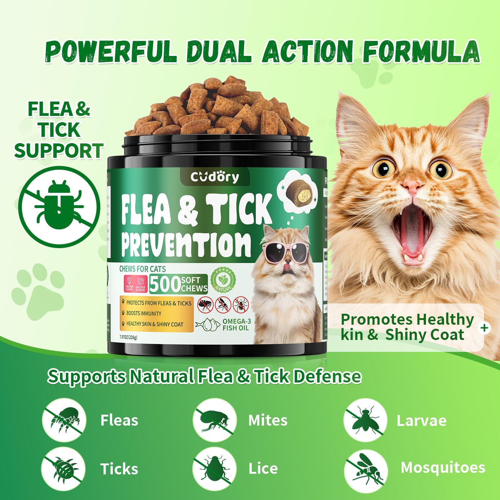 Flea and Tick Support for Cats, 500 Crunchy & Creamy Chews, Cat Flea Chewables with Skin & Coat Support - Image 3