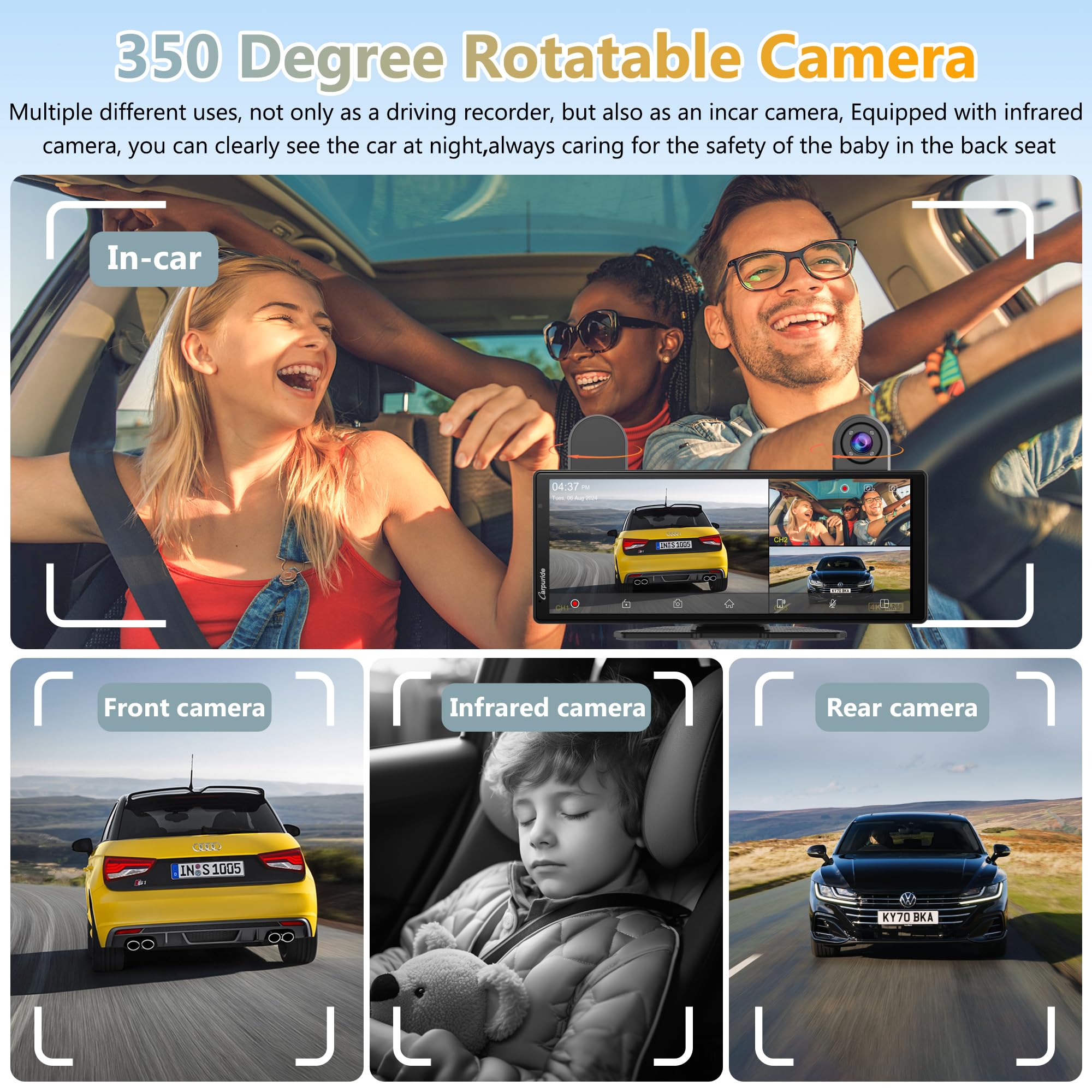 Carpuride W903S przenośny bezprzewodowy Carplay i Android Auto z ekranem IPS Dash Cam-HD, przednia kamera 4K + tylna 1080P + kamera na podczerwień 1080P, nagrywanie w pętli, Bluetooth, GPS