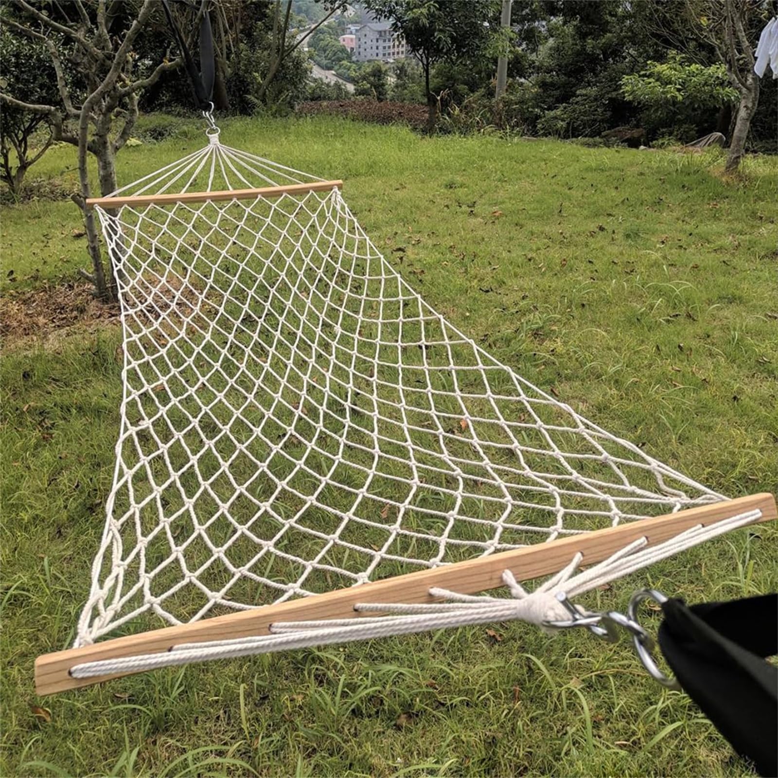 Hamaca Acampar,Hamaca De Cuerda De Algodón,Hamaca Colgante De Red PortáTil Tejida A Mano,Puntales De Madera Maciza,para Interiores Y Exteriores,Patio,Playa,MontañA