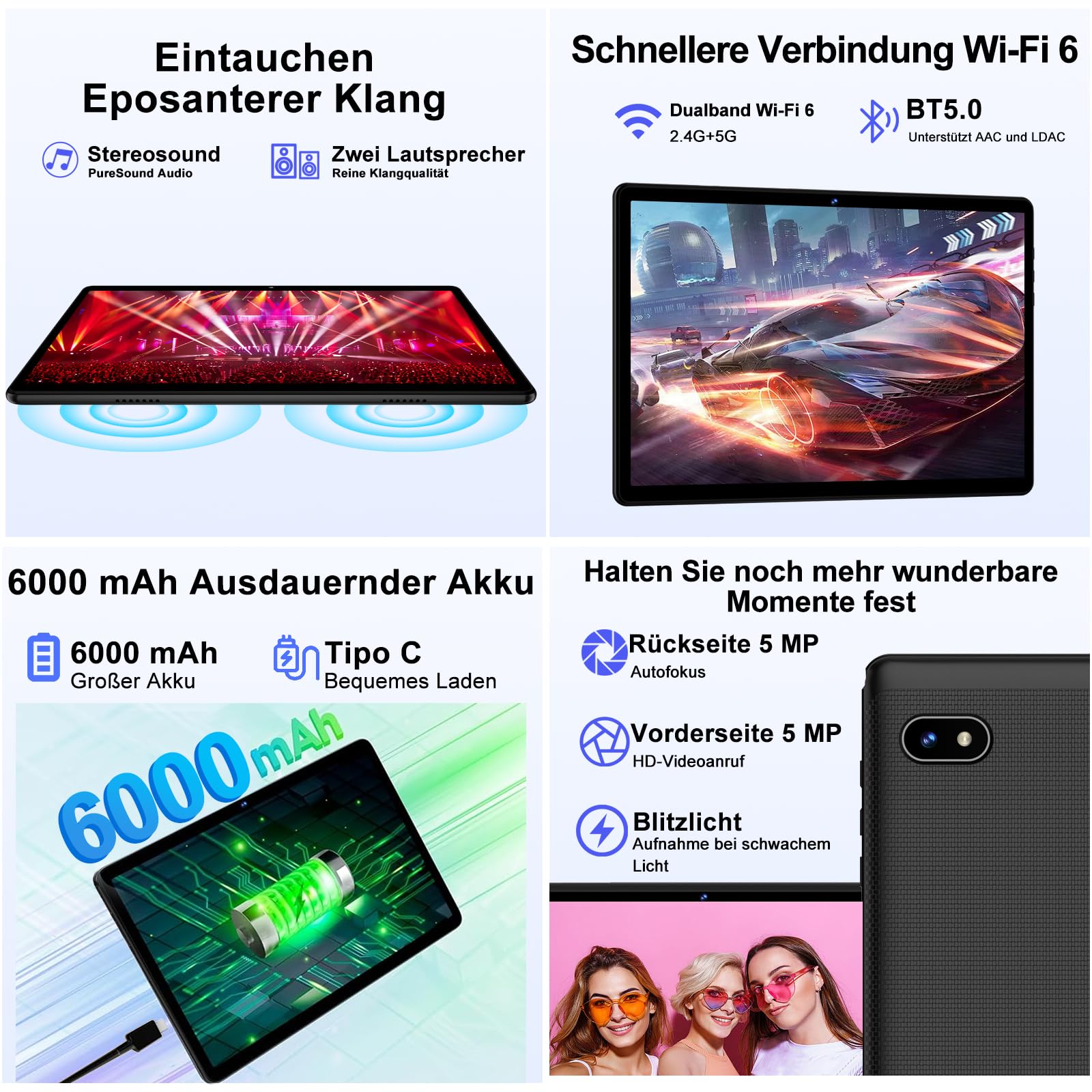 DMOAO Android 14 Tablet 10 Pollici con 18GB RAM + 128GB ROM(TF 1TB), HD con 5G Wi-Fi 6, Widevine L1, Octa-Core 1.8 GHz, USB-C, BT 5.0, 6000mAh, con Tastiera + Mouse, Nero