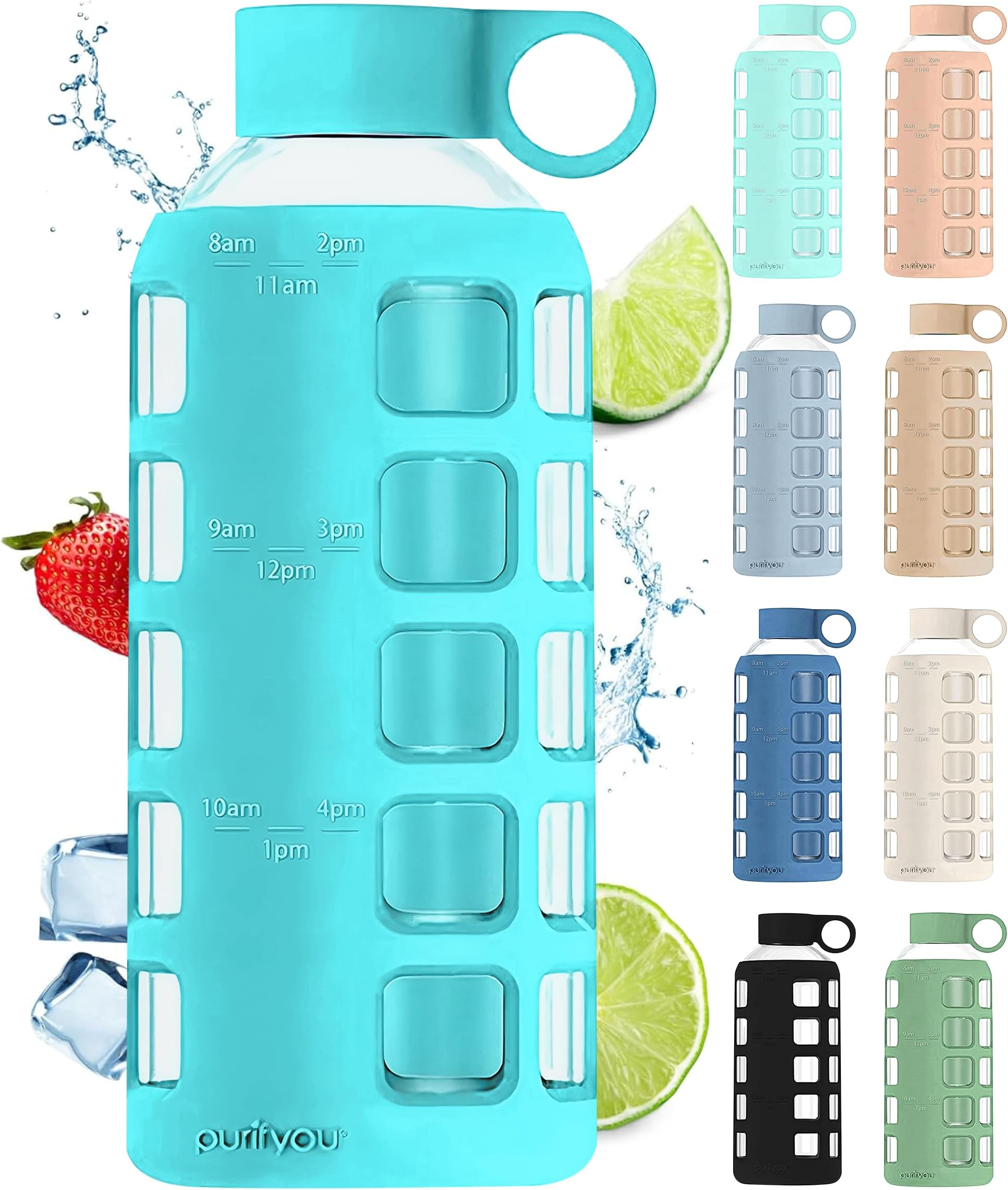purifyou Premium 40/32 / 22/12 oz Glass Water Bottles with Times to Drink and Volume, Silicone Sleeve & Stainless Steel Lid Insert, Reusable for Fridge Water, Milk, Fruit Juice (Aqua Blue, 22 oz)