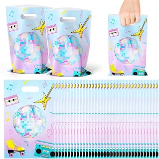 50 Pcs Disco Party Favor Bags Retro 70s 80s 90s Disco Ball Music Dance Plastic Goodie Bags with Handles Hip Hop Candy Treat Gift Bags for Back to the 1980s Hippie Birthday Party Supplies Decorations