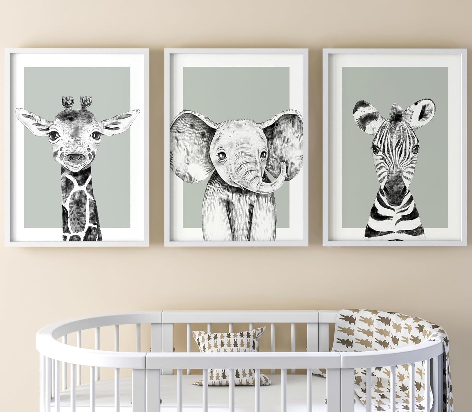 Safari Animals Baby Girl Boy Set of 3 Nursery Unframed Prints, Bedroom Decor Wall Art Posters, Black and White Elephant Giraffe Zebra, Green Background (12x16)