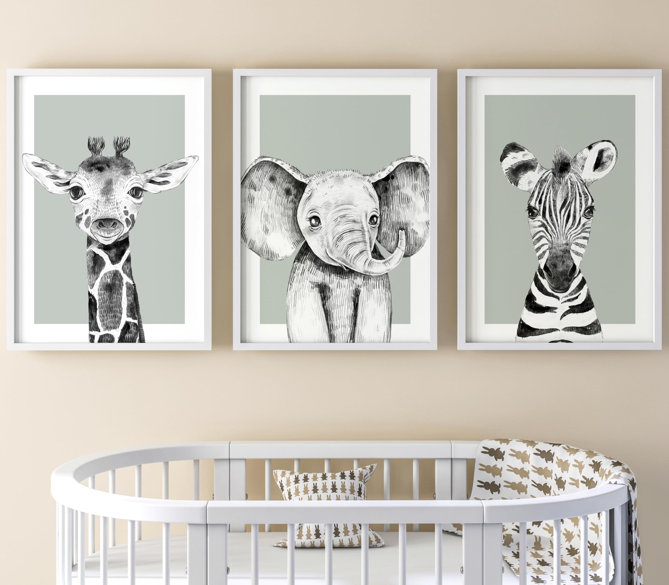 Safari Animals With Sage Green Background Set of 3 Unframed Poster Prints For Baby Girl Boy Nursery Bedroom, Neutral Safari Bedroom Decor Wall Art Posters, Elephant Giraffe Zebra (3 prints, A4)