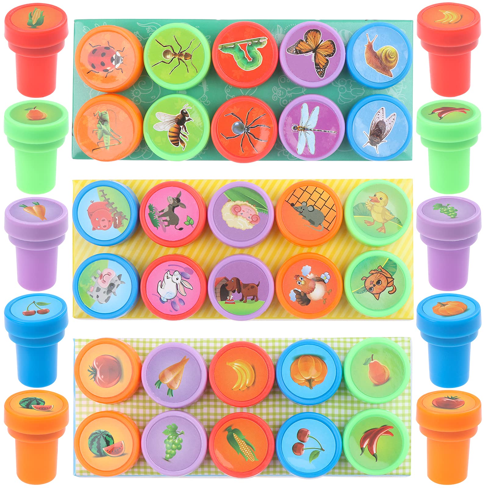 30 Pieces Assorted Stampers Cute Cartoon Farm Animal Fruits Vegetables Self-Ink Stamps Kit for Boys Girls Birthday Gift, Party Favor