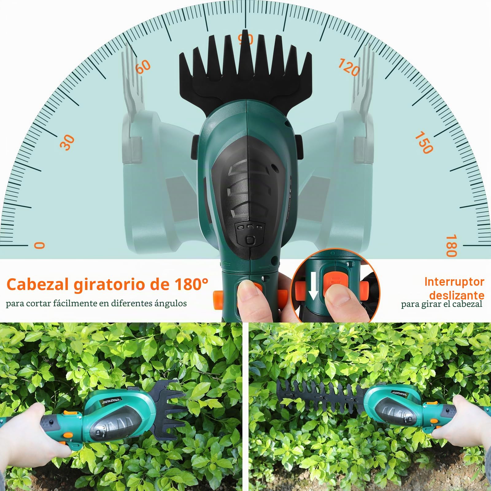 LIFERUN Tijeras de Césped con Batería 7,2 V, 2000 mAh, 2 en 1 Tijeras de Césped con Mango Telescópico, Batería Recargable y Cargador, para Césped de Jardín, desherbar, árboles, Verde Oscuro