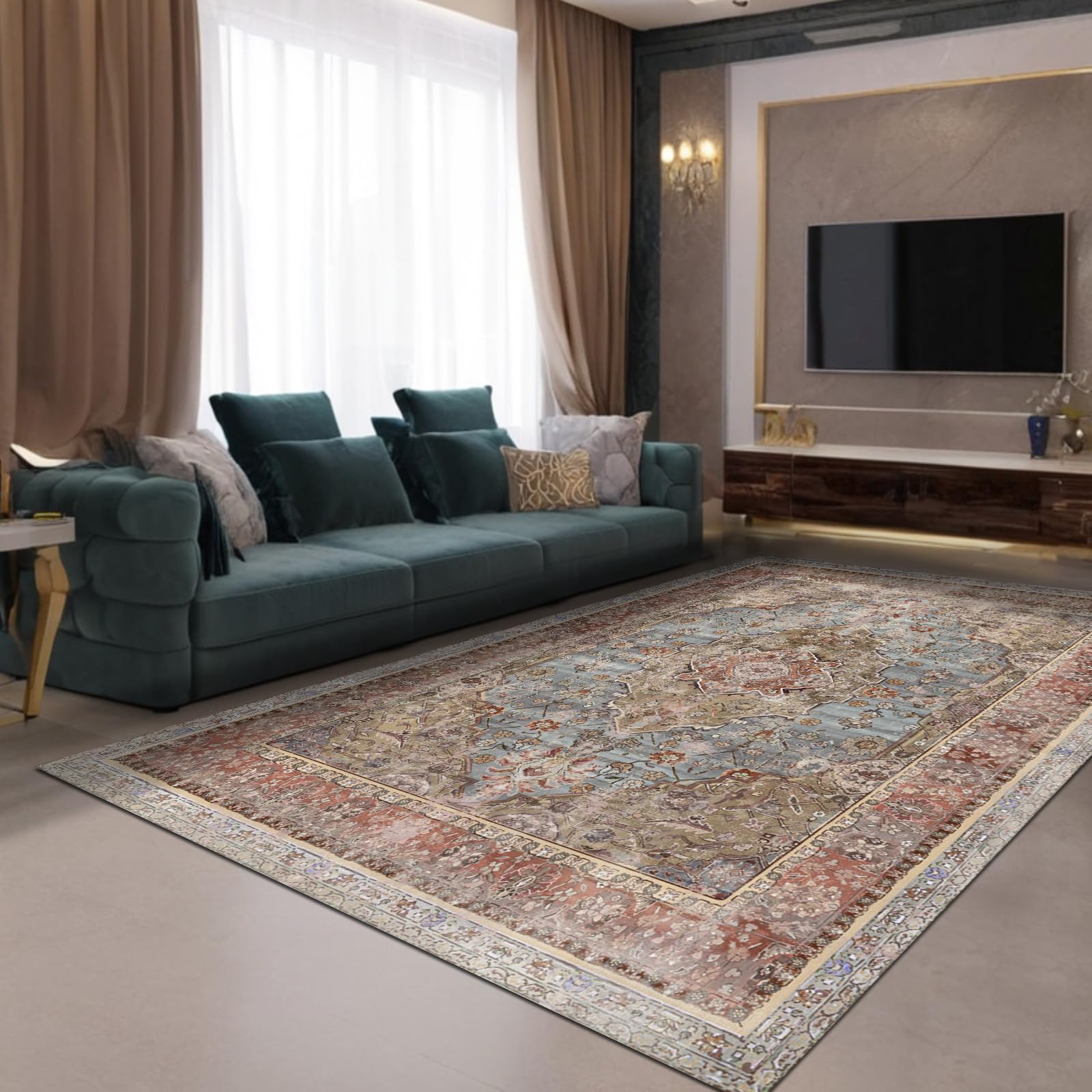 bamyum Avlin Alfombra Impresa Chenilla Estampada a Máquina 200 x 300 cm, Alfombra Salón, Alfombra Multicolor Vintage Dormitorio, Antibacteriana Antideslizante Base Alfombra Cocina