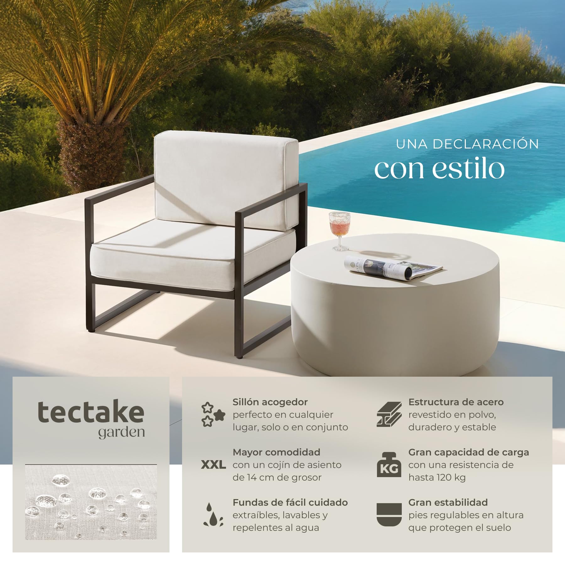 tectake® Conjunto Jardín Exterior de Acero, Sillones Terraza con Acolchado Grueso, Sillas Jardín con Pies Ajustables, Muebles Jardín Exterior, Fundas Repelentes al Agua, Sofás para Jardín - 2 plazas