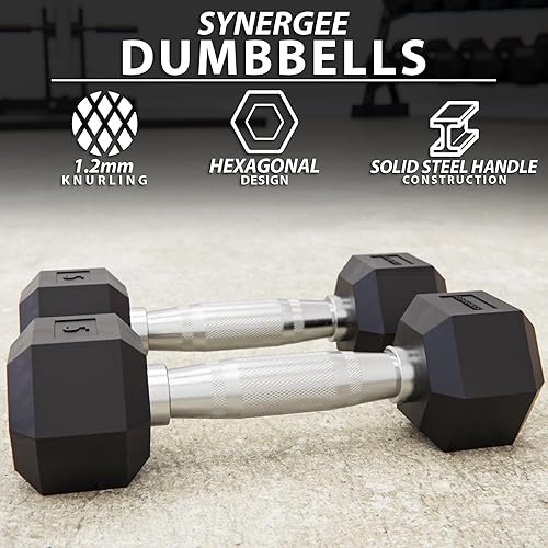 Miniatura 2 de Mancuernas hexagonales de caucho Synergee con mango cromado. Se venden individualmente pesas multiusos para entrenamiento de fuerza o para mejorar