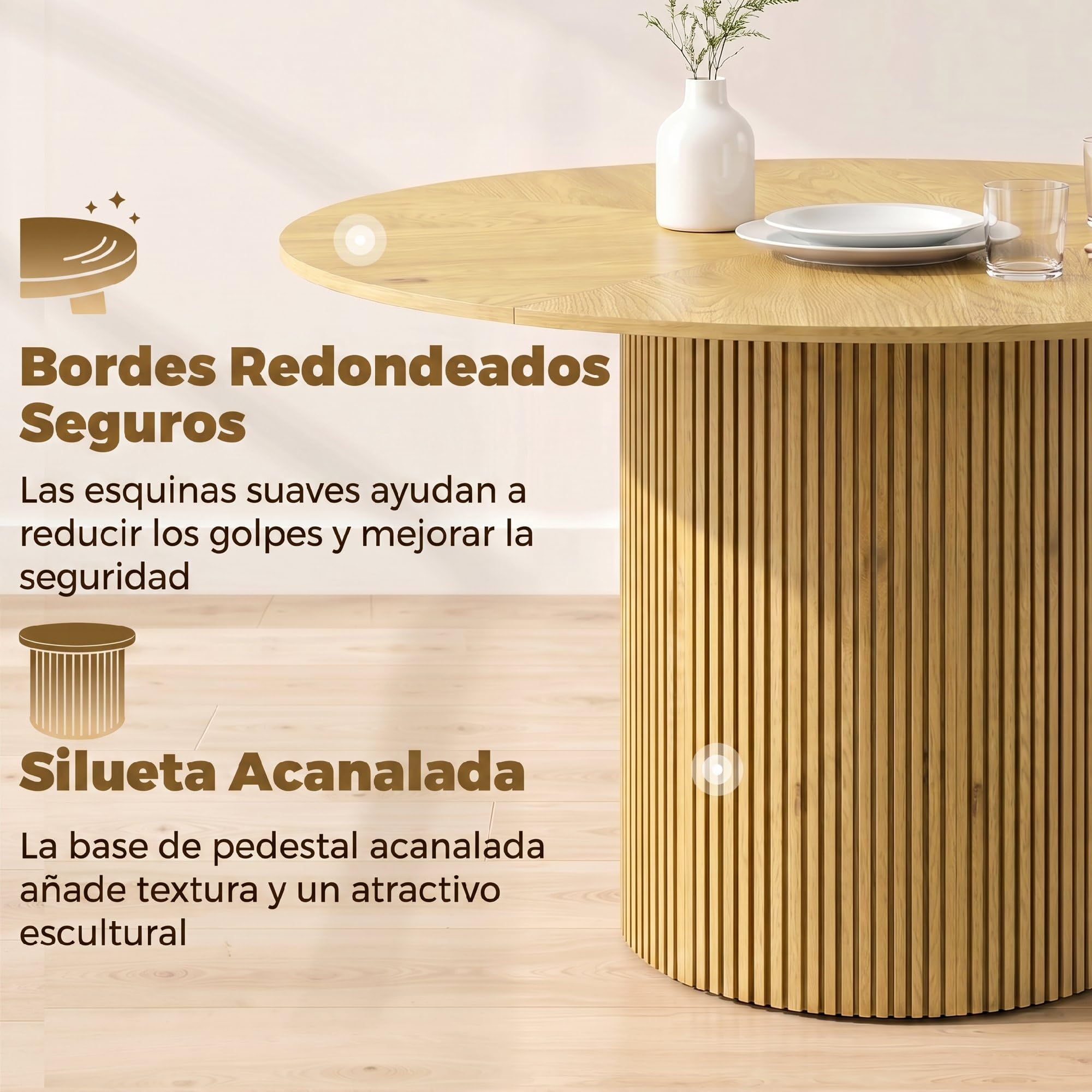 HOMCOM Mesa de Comedor Redonda Base Cilíndrica para 4-6 Personas Roble | Mesa de Cocina , Base Acanalada, Marco Metálico, para Sala de Estar, Carga 100 kg