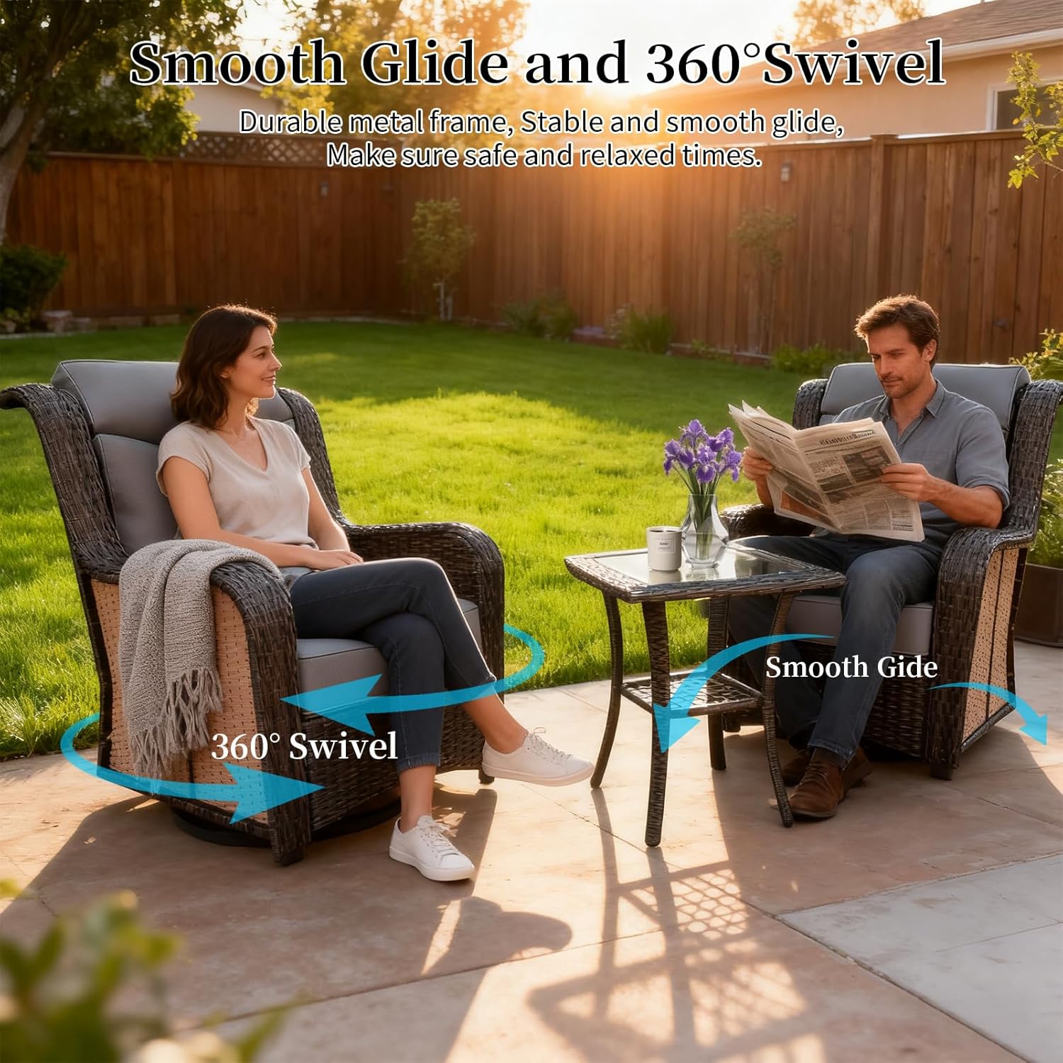 3PCS Wicker Outdoor Swivel Glider Chair |Rattan Patio Chairs Set with Coffee Table | High Backrest Patio Furniture Set with 6" Thick Cushions for Yard Porch Balcony